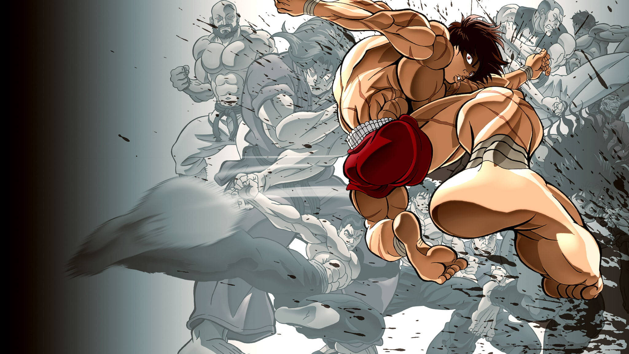 Baki 桌布 壁紙 — 一個肌肉發達的動漫戰士穿著紅色短褲，帶著強烈的專注力向前躍進，而灰階對手在他身後交戰。