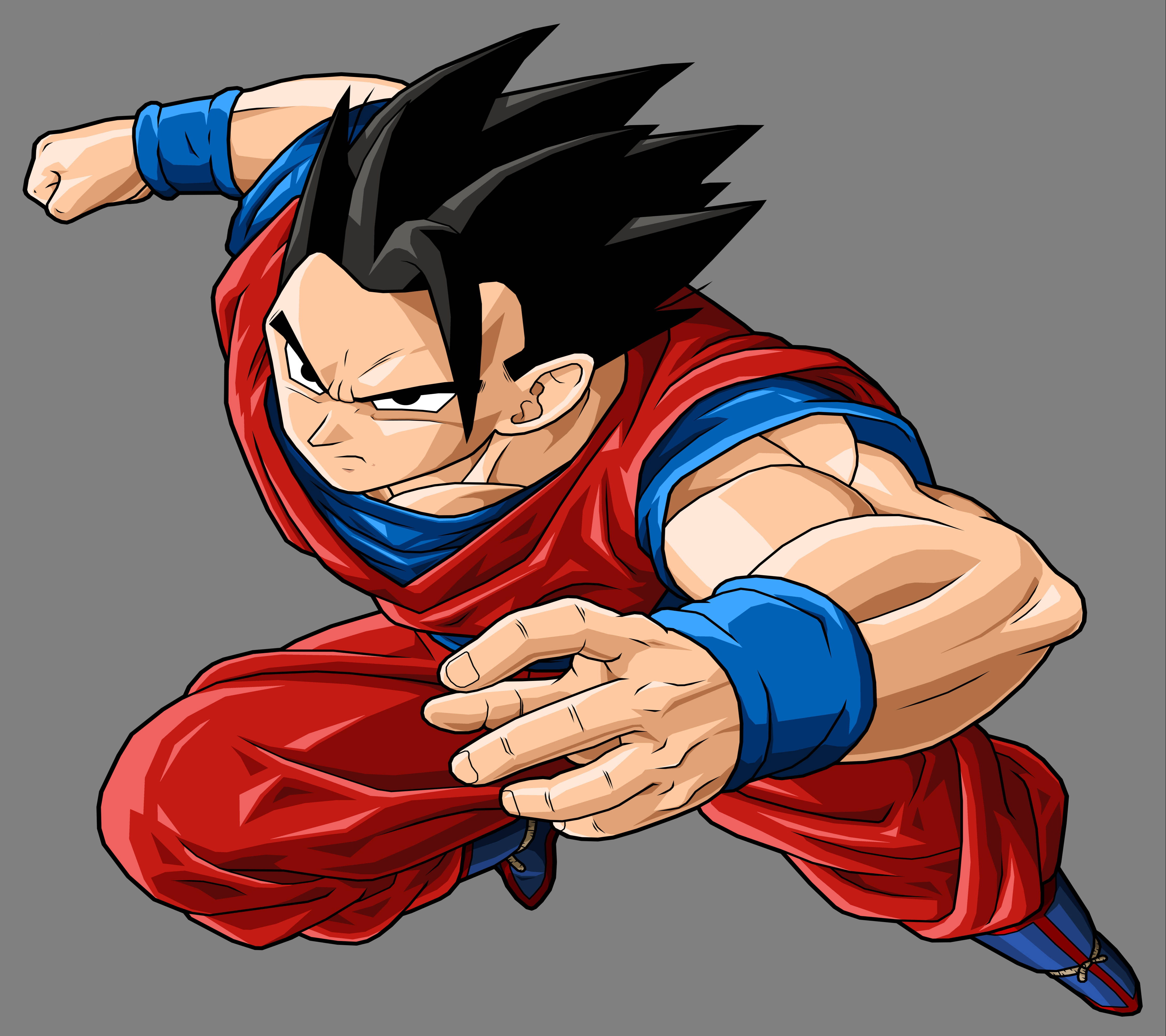 Gohan 桌布 壁紙 — 一個肌肉發達的動漫戰士穿著紅藍道服，在純灰色背景前蹲伏成戰鬥姿勢。