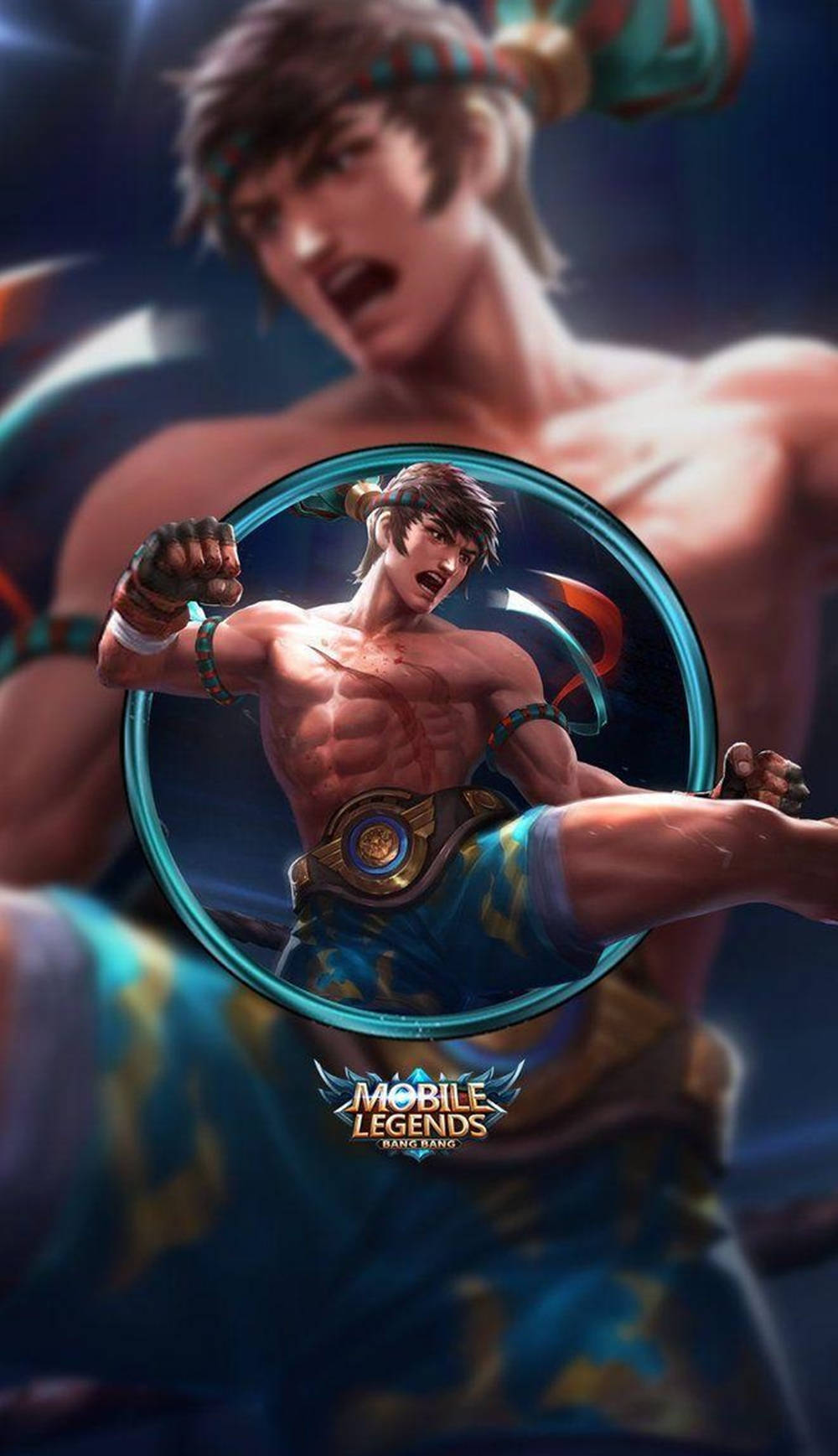 Mobile Legends 動態圖 桌布 壁紙 — 一個肌肉發達的動漫戰士穿著藍色圖案服裝，在黑暗背景中發光的藍色圓圈內踢出強力一腳。
