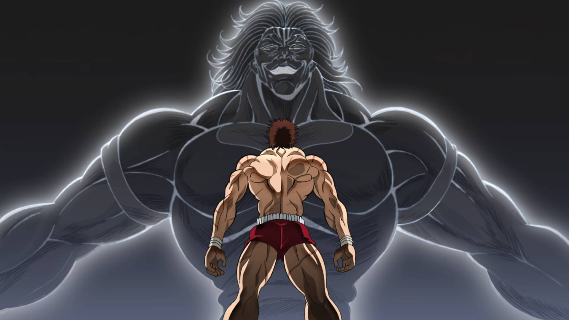 Baki 桌布 壁紙 — 一個肌肉發達的動漫戰士站在一個高聳發光的自己的影子前，有著狂野的頭髮和兇猛的笑容。