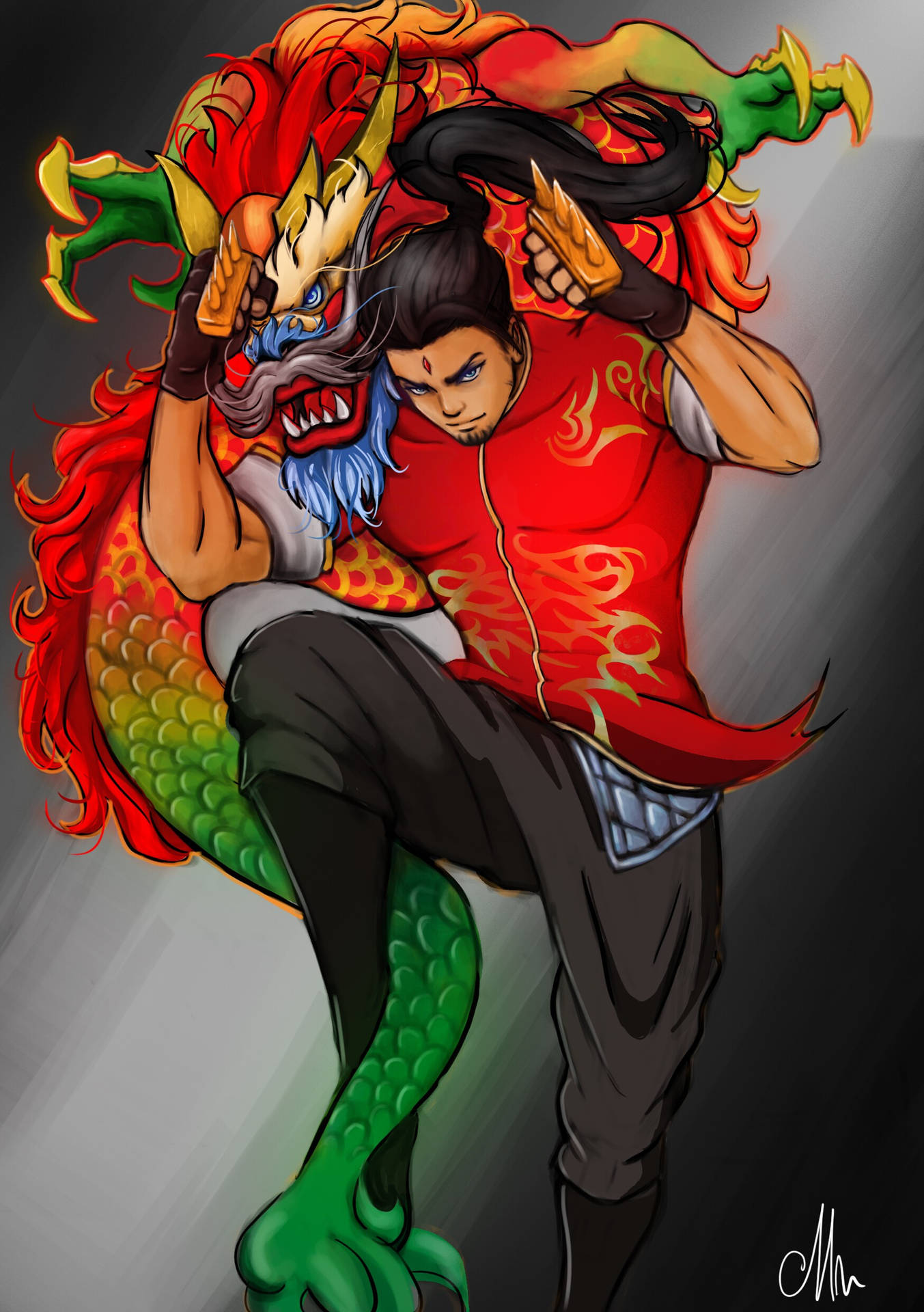 Mobile Legends 動態圖 桌布 壁紙 — 一個肌肉發達的動漫戰士身穿紅色盔甲，在深色漸變背景上與一條擁有火焰鬃毛和綠色鱗片的彩色龍戰鬥。