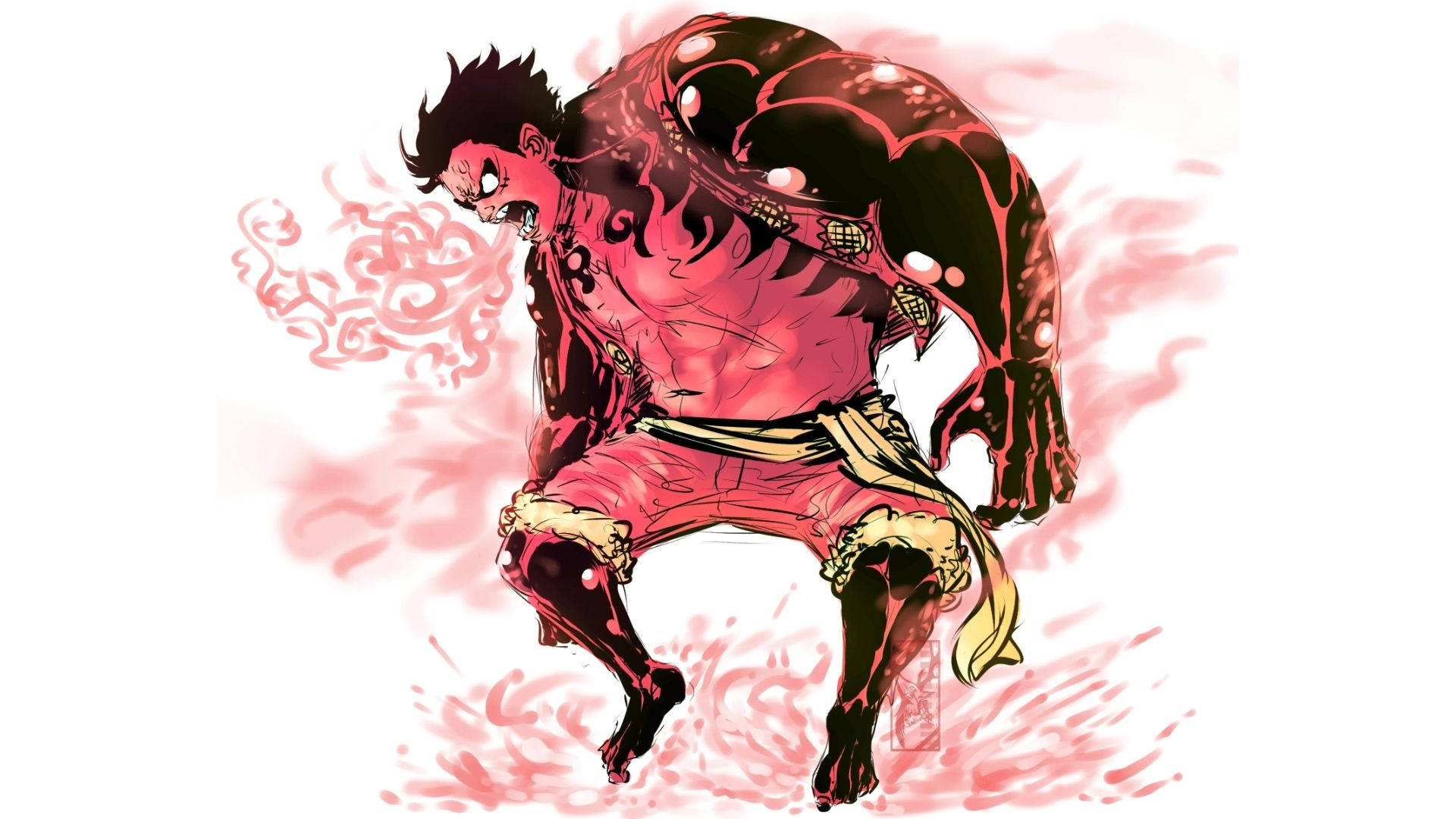 luffy gear 4 桌布 壁紙 — 一個肌肉發達的動漫戰士身穿紅黑盔甲，在白色背景前咆哮，周圍環繞著旋轉的紅色能量。