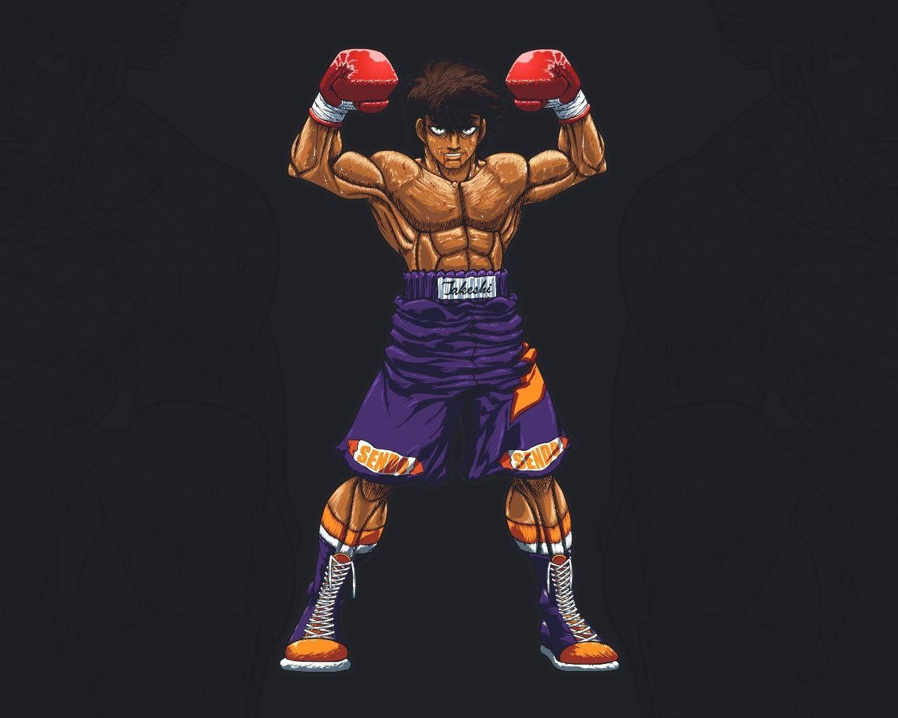 Boxing 桌布 壁紙 — 一個肌肉發達的動漫拳擊手穿著紫色短褲和紅色手套，在黑暗背景下擺出戰鬥姿勢。