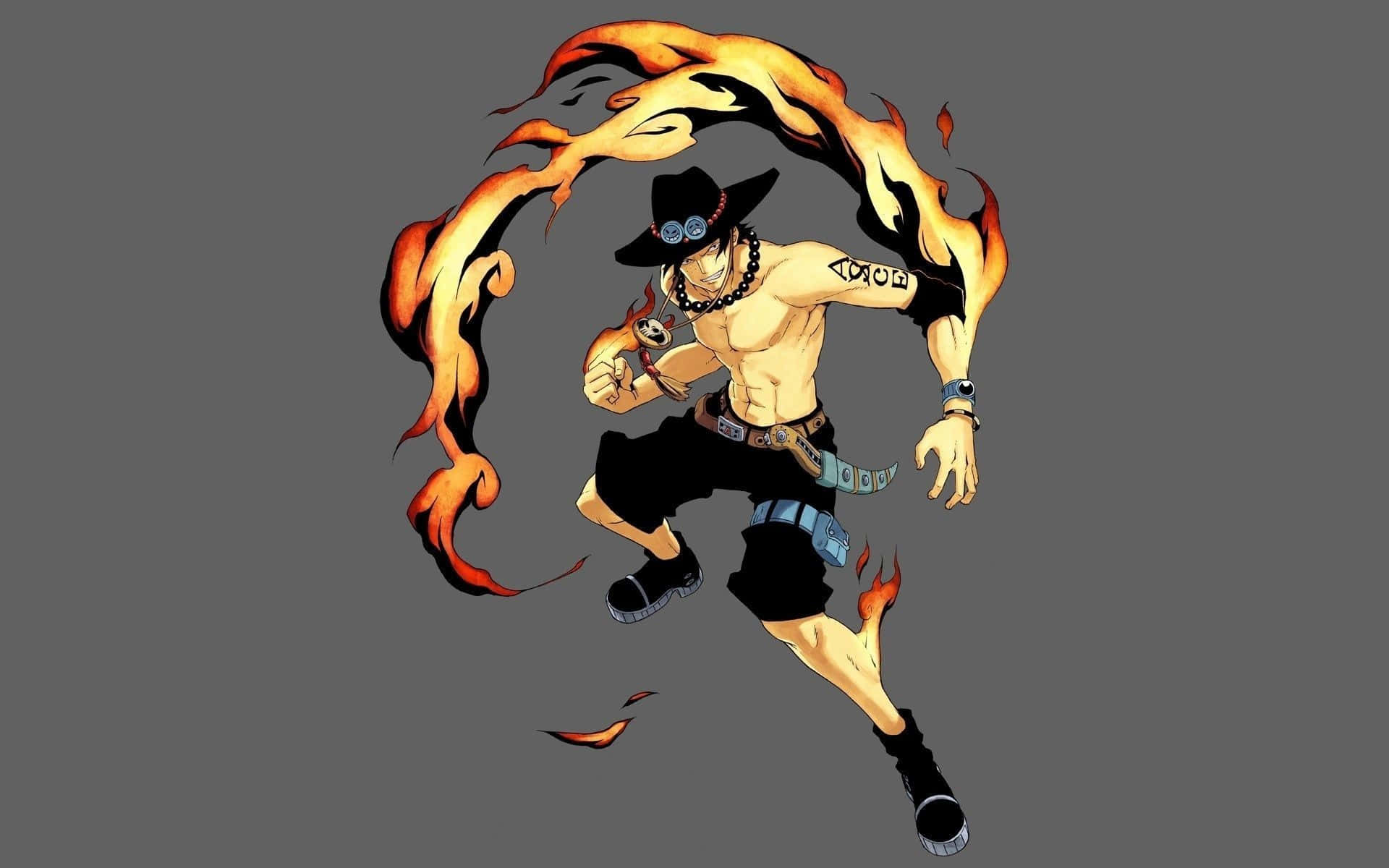 One Piece Characters 桌布 壁紙 — 一個肌肉發達的動漫海盜，戴著黑色帽子和護目鏡，在灰色背景上以動態姿勢釋放熾熱的火焰。