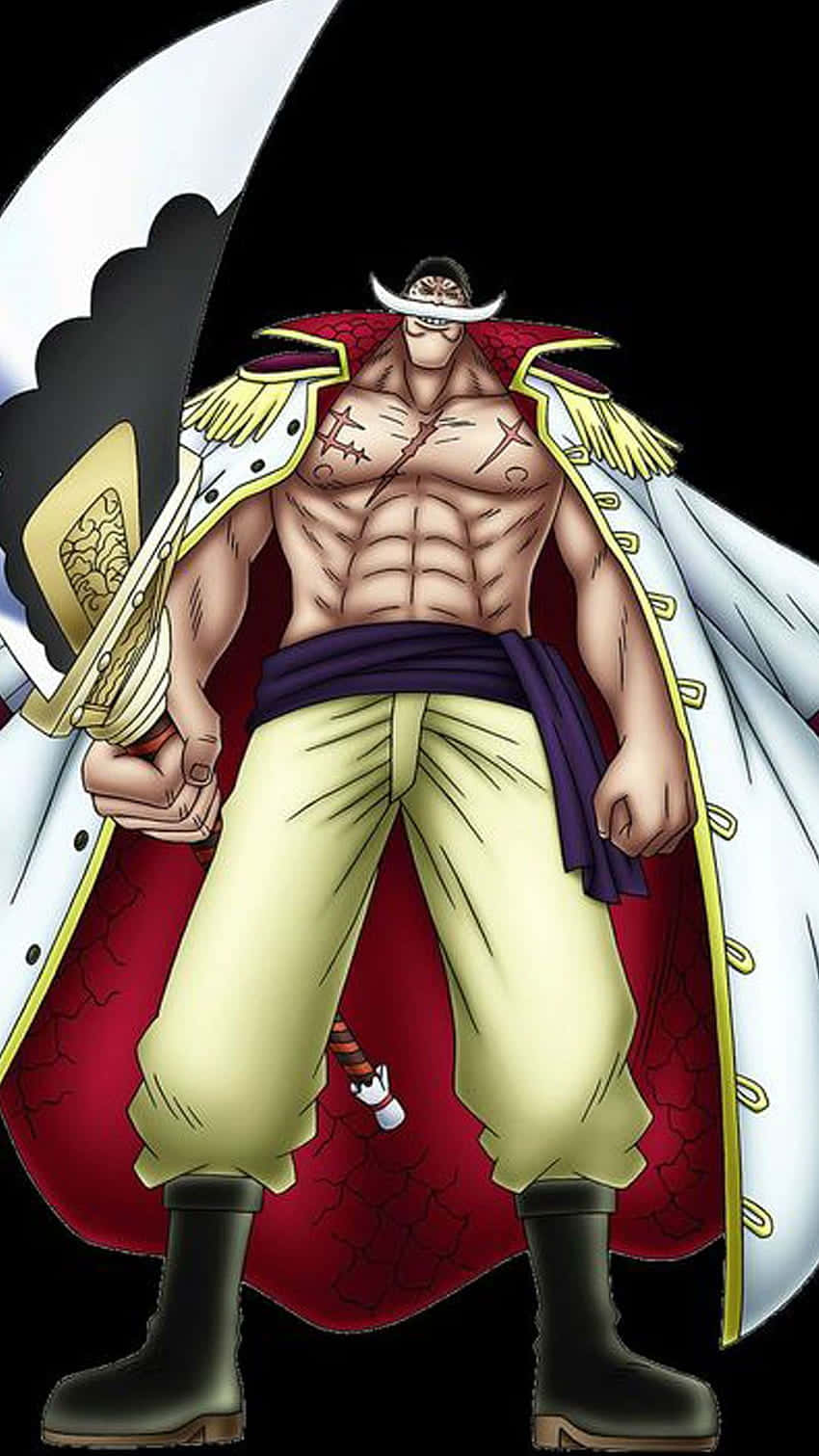 Whitebeard 桌布 壁紙 — 一個肌肉發達的動漫海盜，留著白色鬍鬚，披著紅色斗篷，在黑色背景前揮舞著一把大劍。
