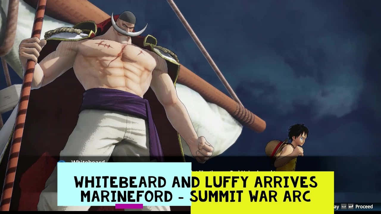 Marineford Aftermath 桌布 壁紙 — 一個肌肉發達的動漫海盜，留著白鬍子，頭上有角，高舉著一根棍子站著，而一個較小的男孩在暴風雨的天空下蹲在附近。