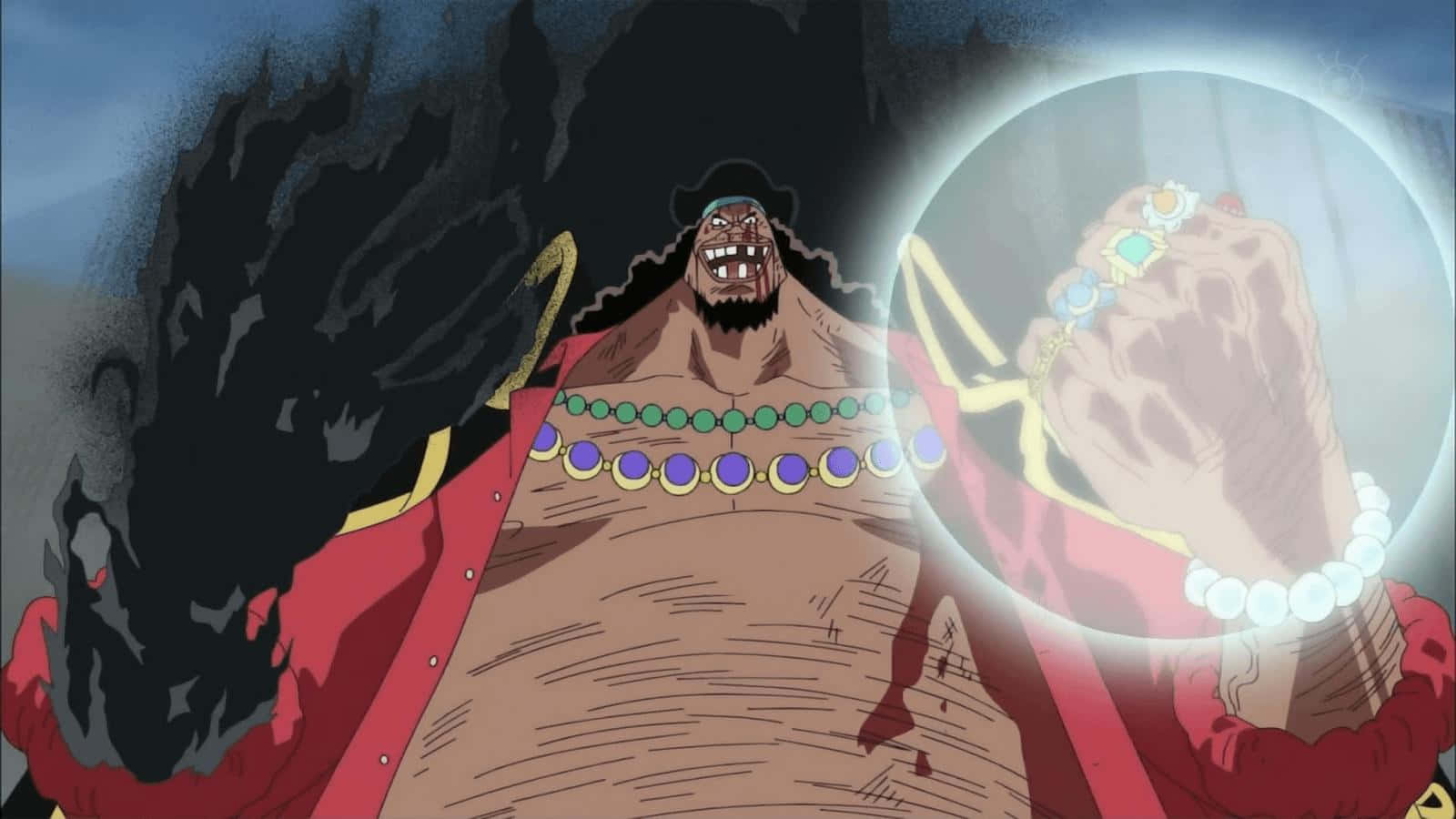 Marineford 桌布 壁紙 — 一個肌肉發達的動漫海盜，身穿紅色外套和珠寶項鍊，咆哮著，同時手持一個發光的球體，裡面有一隻手。