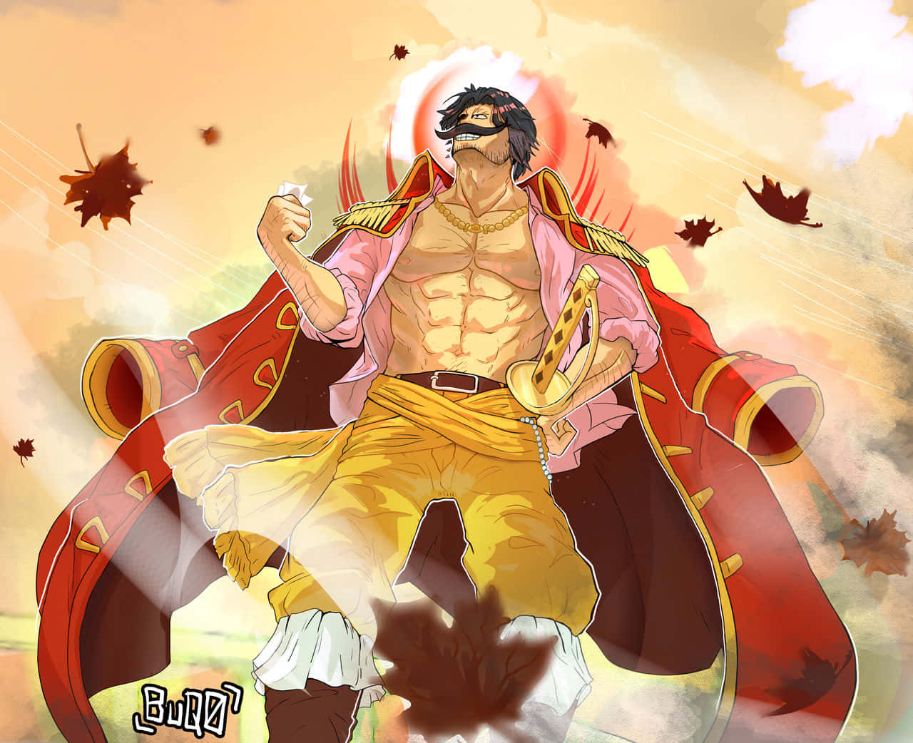 King Of The Pirates 桌布 壁紙 — 一個肌肉發達的動漫海盜，身穿紅色外套和黃色褲子，在溫暖的夕陽天空下，秋葉在他周圍旋轉，他勝利地站立著。