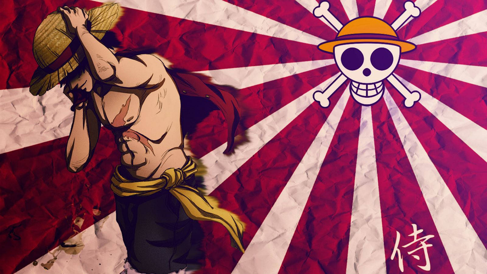 luffy 4K 桌布 壁紙 — 一個肌肉發達的動漫海盜戴著草帽，跪在一個皺巴巴的紅白太陽光旗上，旁邊有一個骷髏頭和交叉骨頭標誌。
