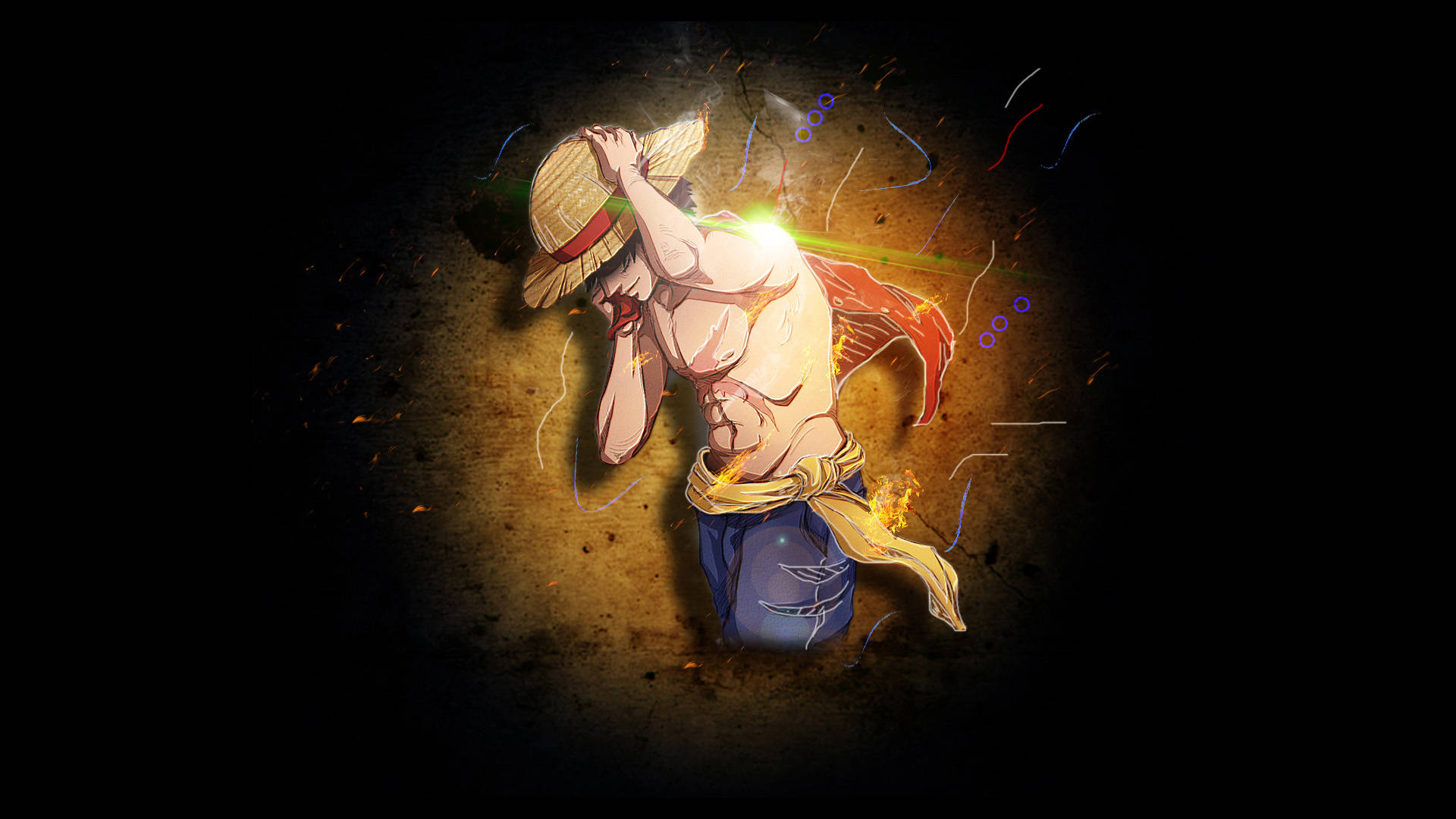 Luffy 桌布 壁紙 — 一個肌肉發達的動漫海盜戴著草帽，在戲劇性的光線中跪下，周圍有發光的能量和火花飛舞。