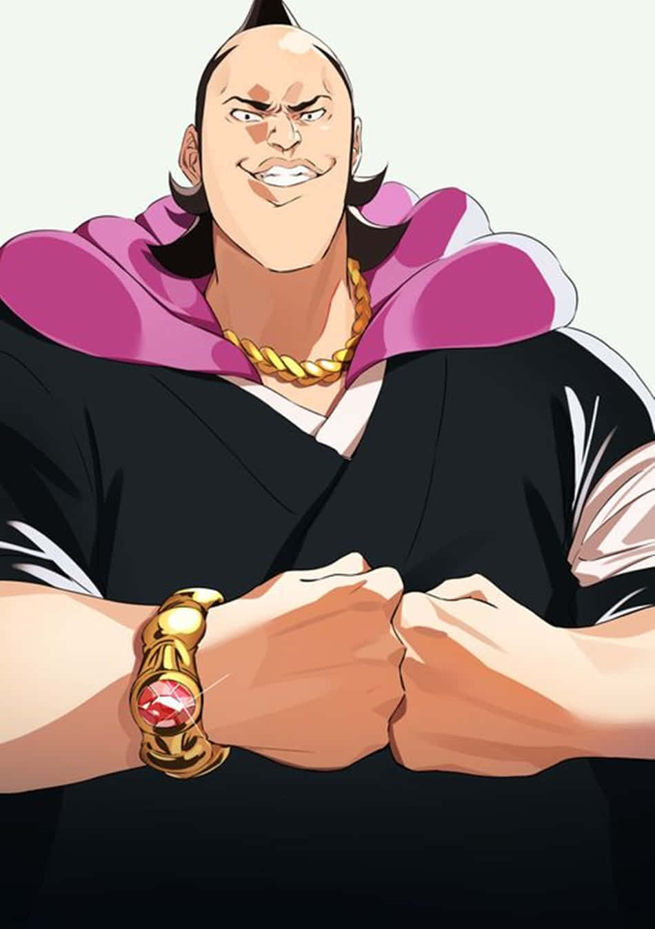 Marechiyo Omaeda 桌布 壁紙 — 一個肌肉發達的動漫男人，光頭，穿著粉紅色連帽斗篷，彎曲手臂展示一個帶有紅色寶石的金手鐲。