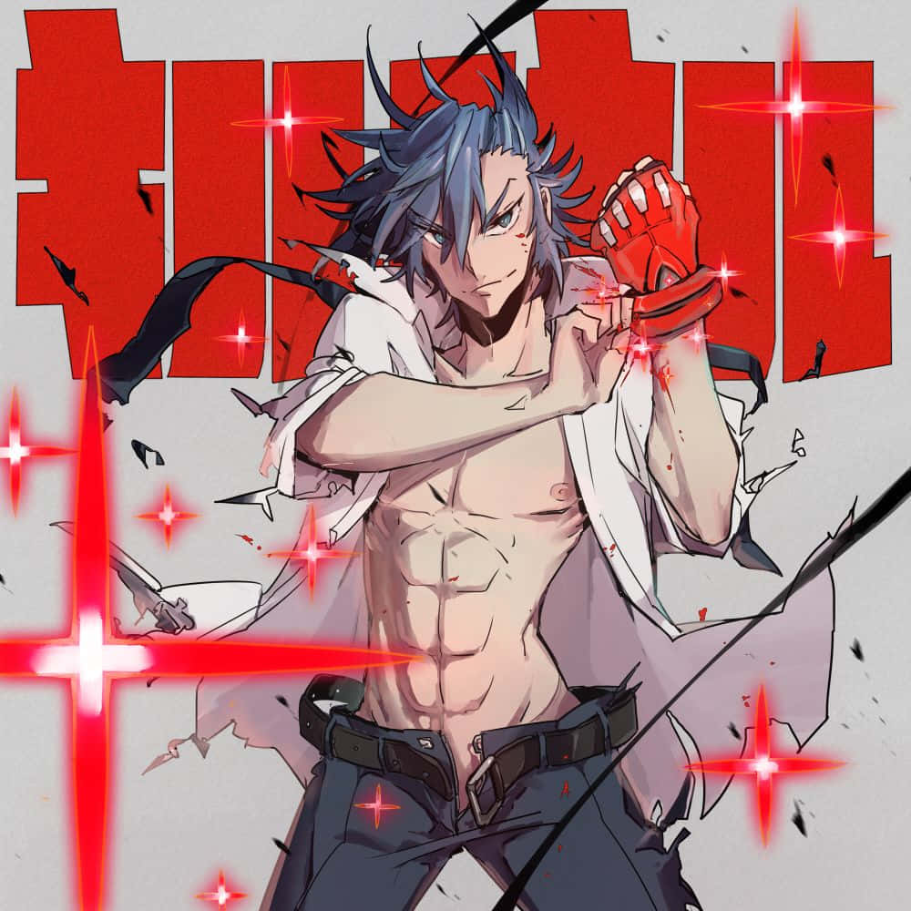 Aikuro Mikisugi 桌布 壁紙 — 一個肌肉發達的動漫男人，擁有尖刺的藍色頭髮和發光的紅色拳頭，挑釁地站在破碎的紅色背景前。