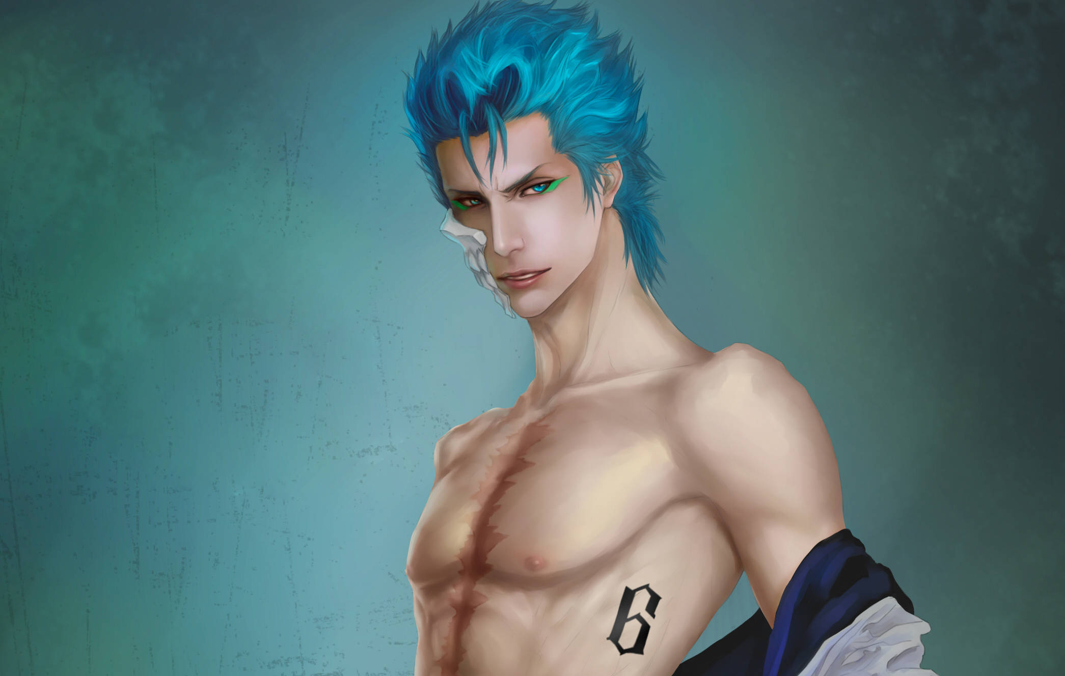 Grimmjow 桌布 壁紙 — 一個肌肉發達的動漫男人，擁有尖刺的藍色頭髮和綠色眼睛，強烈地凝視著，露出胸前的疤痕和紋身數字六，背景是青綠色紋理。