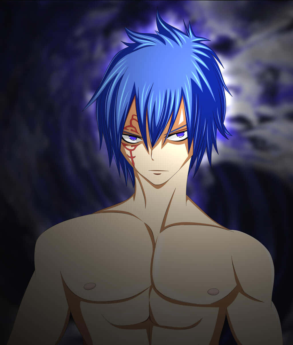 Jellal Fernandes 桌布 壁紙 — 一個肌肉發達的動漫男人，有著尖刺的藍色頭髮和紅色標記，在深紫色暴風雨背景下強烈凝視。