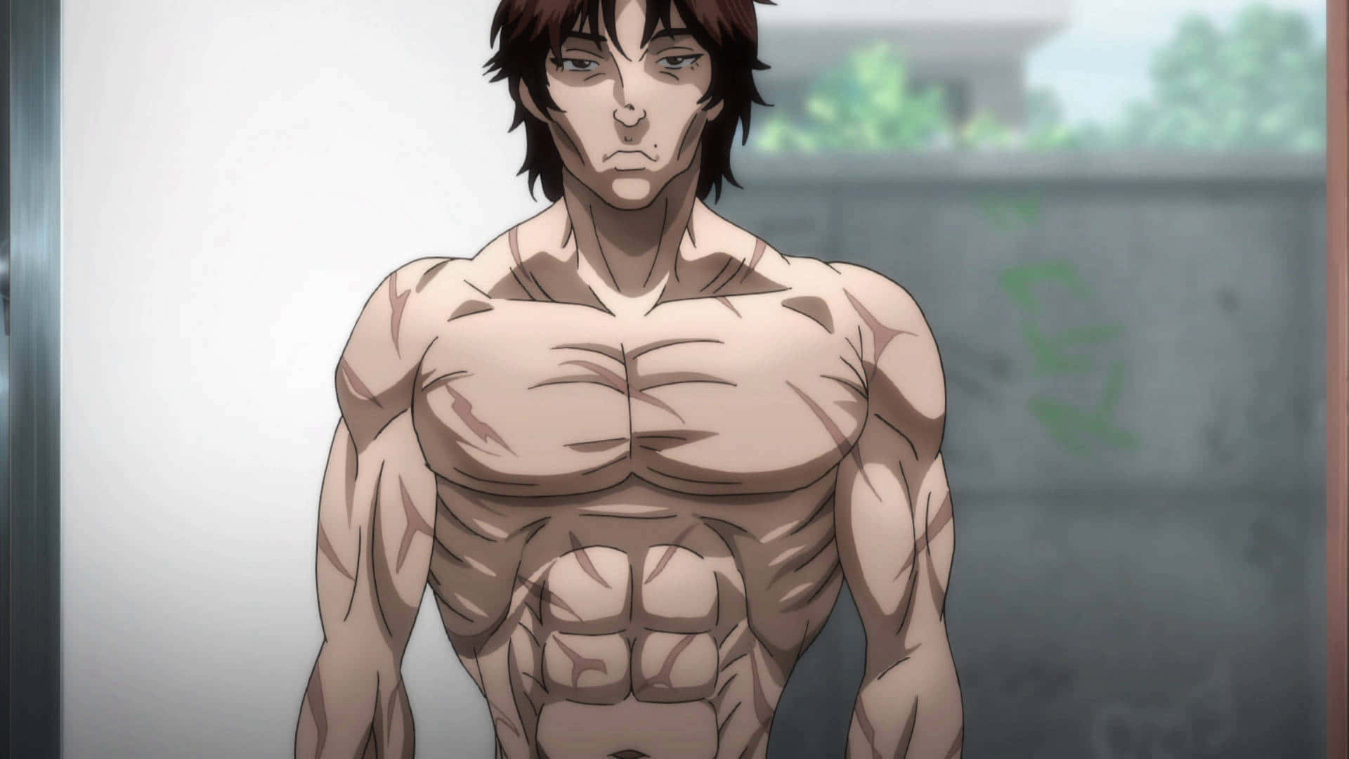巴奇·漢馬 桌布 壁紙 — 一個肌肉發達的動漫男人，棕色頭髮，赤裸上身站在一條骯髒的城市小巷裡，身後混凝土牆上有綠色塗鴉。