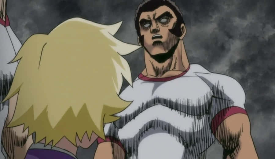Musashi Goda 桌布 壁紙 — 一個肌肉發達的動漫男人，深色眼睛和鬍鬚，在暴風雨的灰色天空下強烈凝視，而一個金髮角色面對著他。