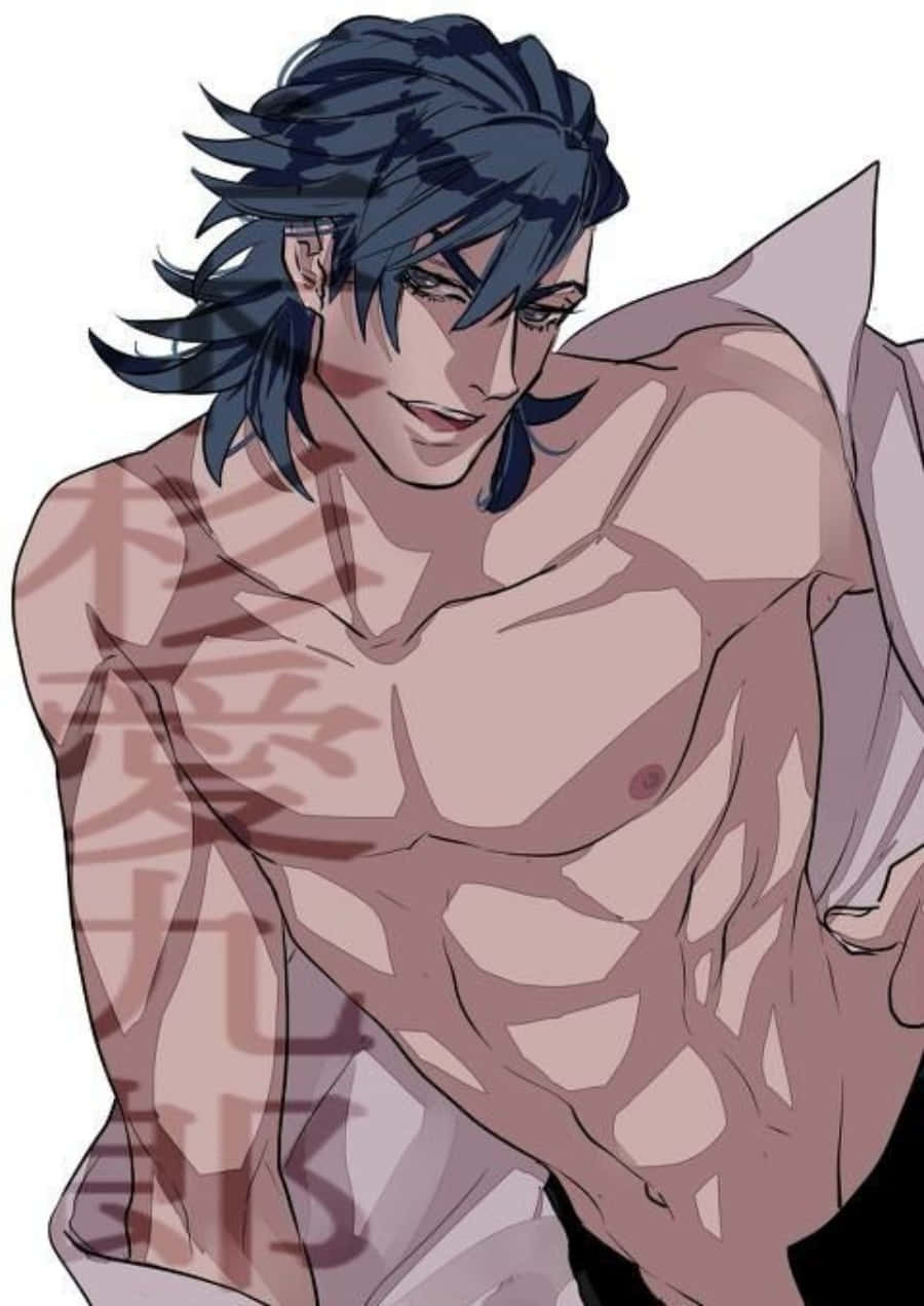 Aikuro Mikisugi 桌布 壁紙 — 一個肌肉發達的動漫男人，深藍色頭髮，自信地微笑，穿著破爛的白襯衫，背景簡單。