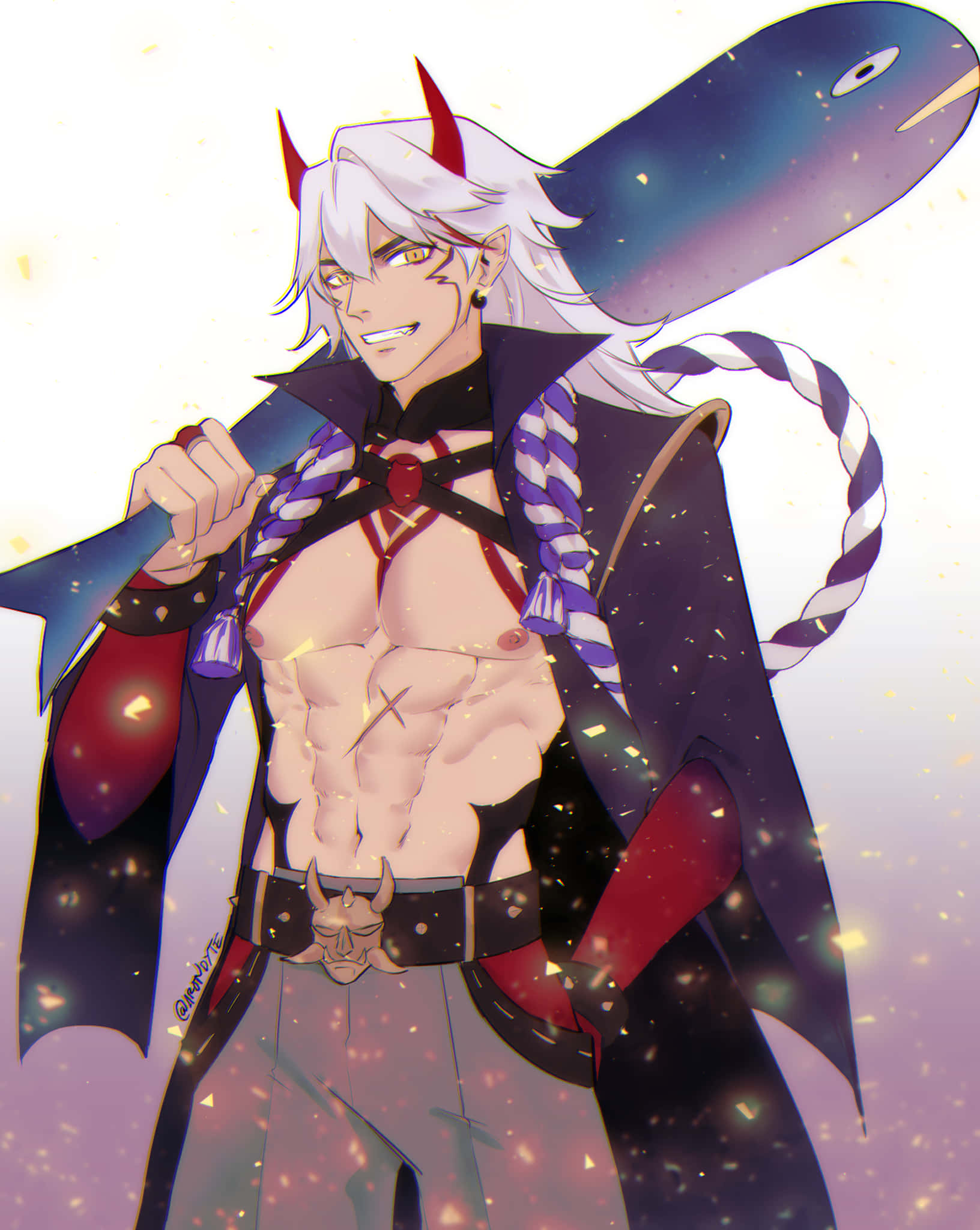 Itto Genshin Impact 桌布 壁紙 — 一個肌肉發達的動漫男人，白髮紅角，揮舞著一把巨大的魚劍，背景是閃閃發光的紫色。