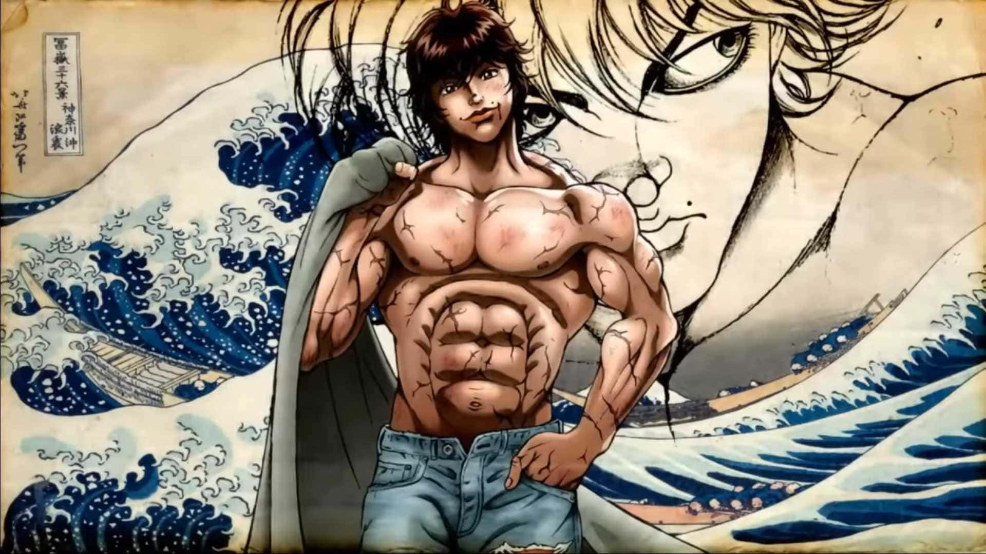 巴奇·漢馬 桌布 壁紙 — 一個肌肉發達的動漫男人，皮膚龜裂，自信地站在巨大的藍色波浪背景前。