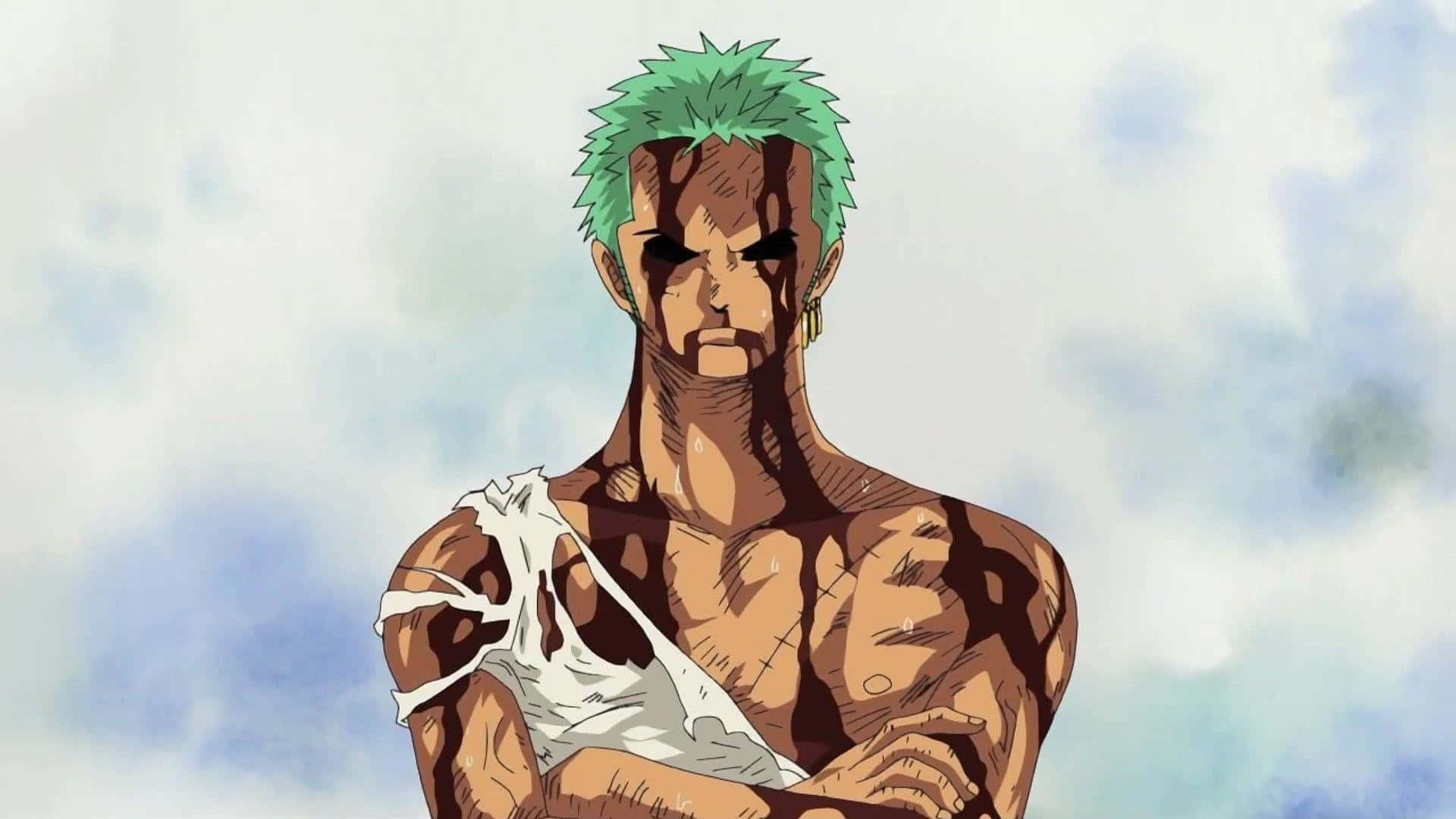 索隆 桌布 壁紙 — 一個肌肉發達的動漫男人，綠色刺蝟頭，臉上帶有血痕，雙臂交叉站在多雲的天空下。