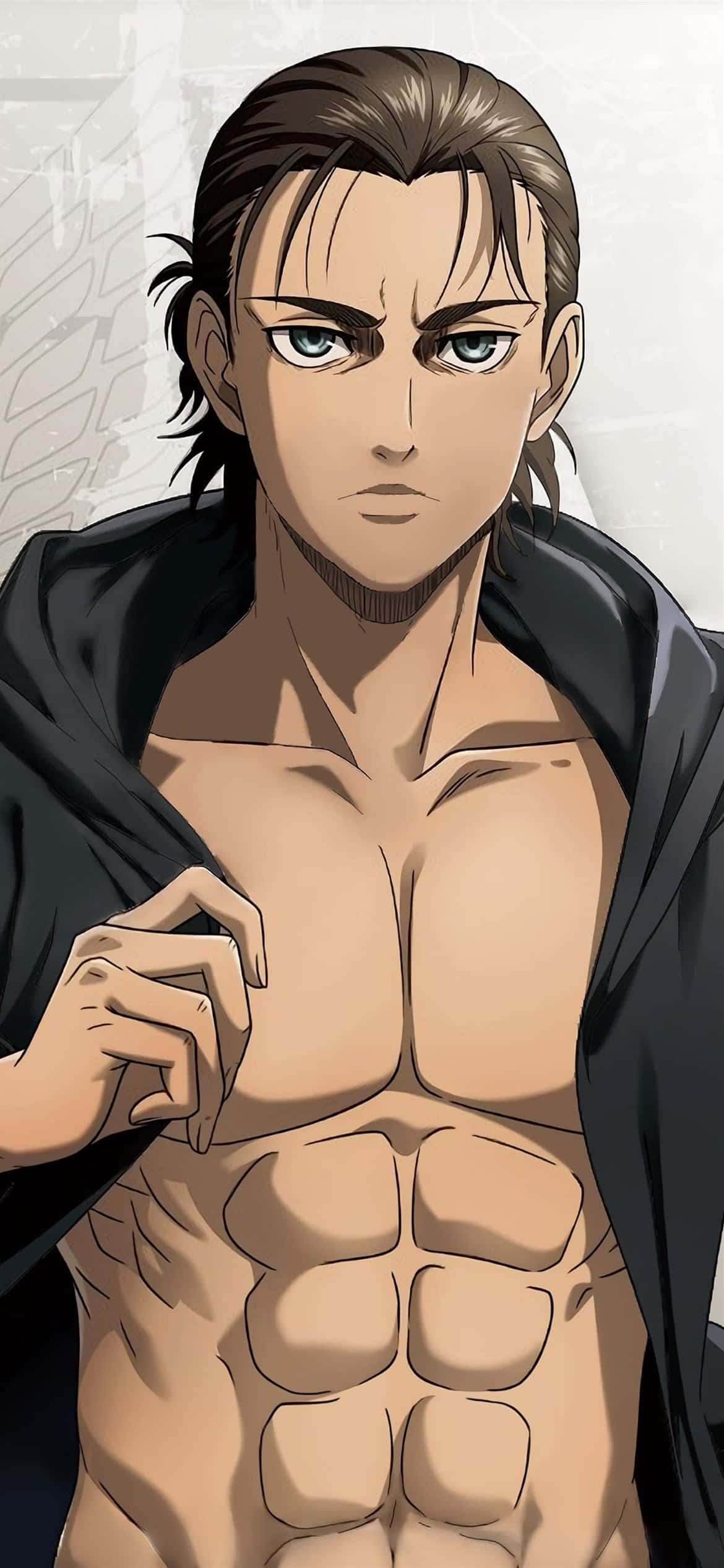 abs 桌布 壁紙 — 一個肌肉發達的動漫男人，綠色眼睛和棕色頭髮，一邊部分解開黑色外套的釦子，一邊凝視著。