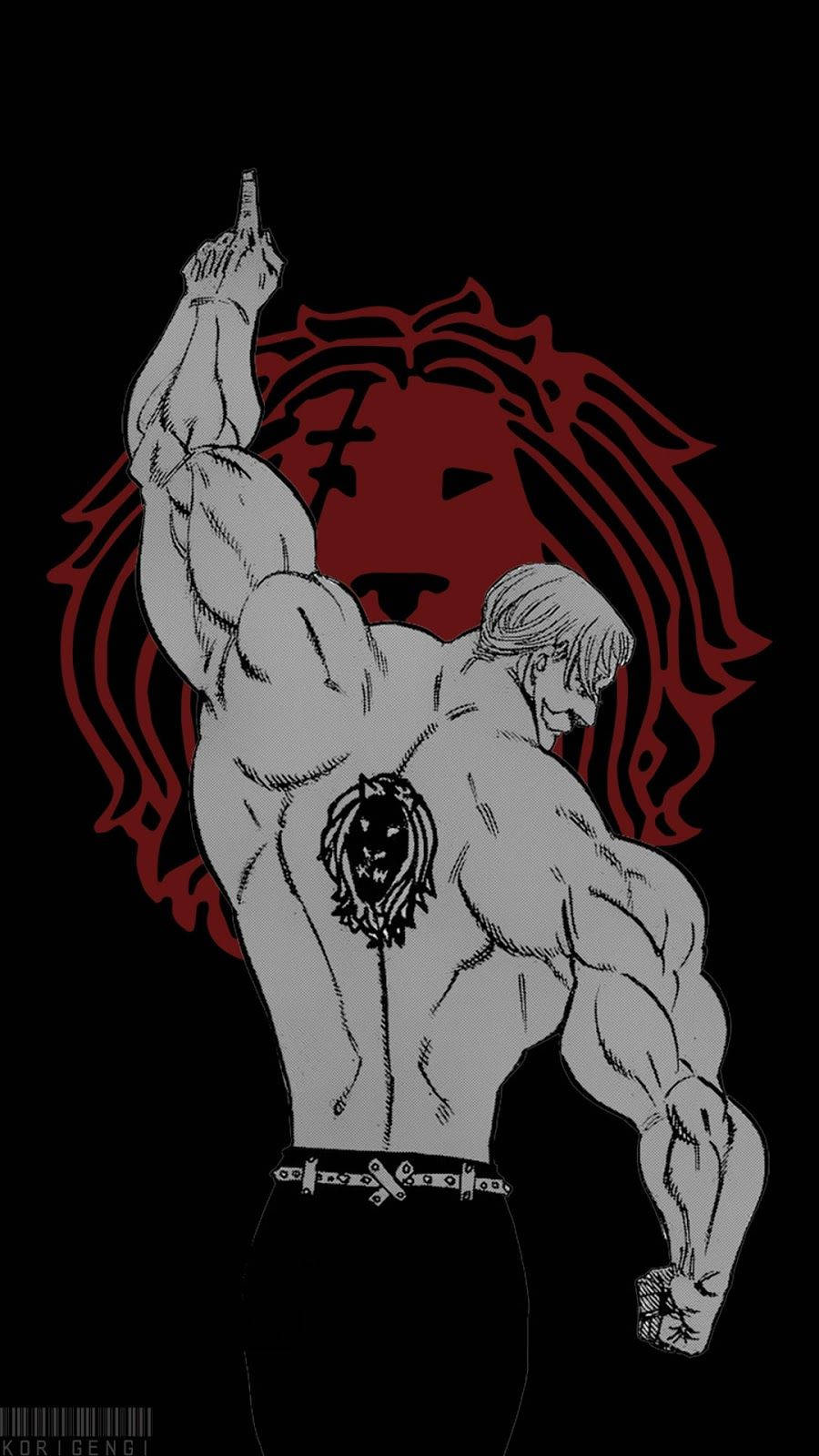 艾斯卡諾 桌布 壁紙 — 一個肌肉發達的動漫男人，身上有獅子紋身，在黑色背景上舉起槍對抗紅色獅子標誌。