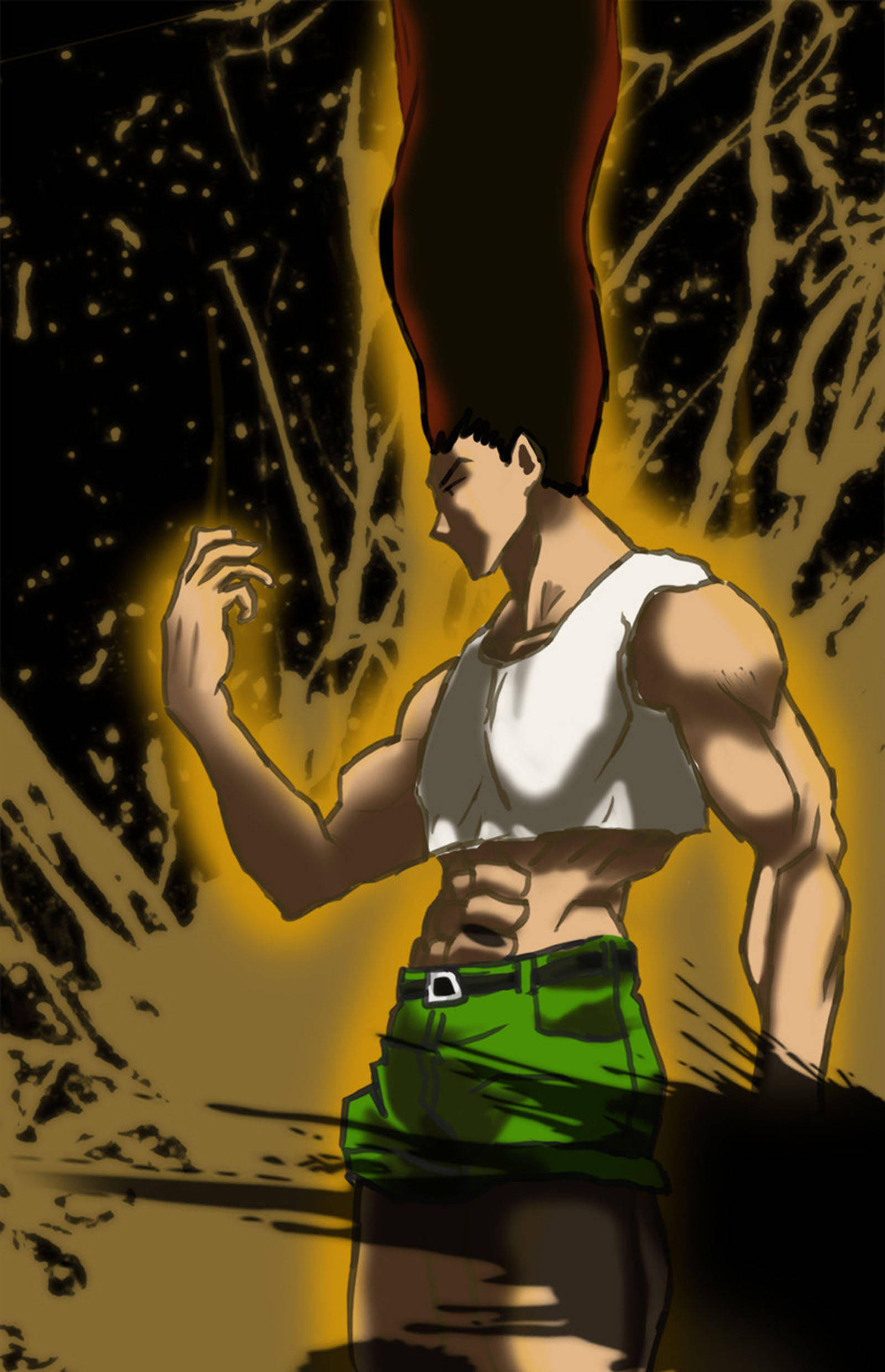 adult 桌布 壁紙 — 一個肌肉發達的動漫男人，身穿白色背心和綠色短褲，在火黃色和黑色的背景下擺出動態姿勢。