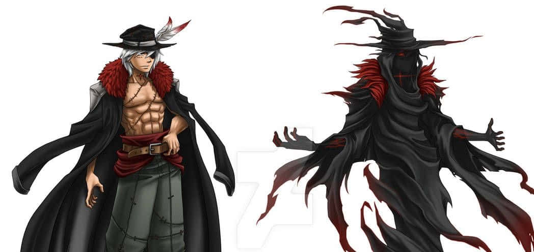 Yonko 桌布 壁紙 — 一個肌肉發達的動漫男人，身穿黑色外套，紅色毛領，站在他黑暗的惡魔影子形態旁邊，有紅色的眼睛和流動的黑色觸手。