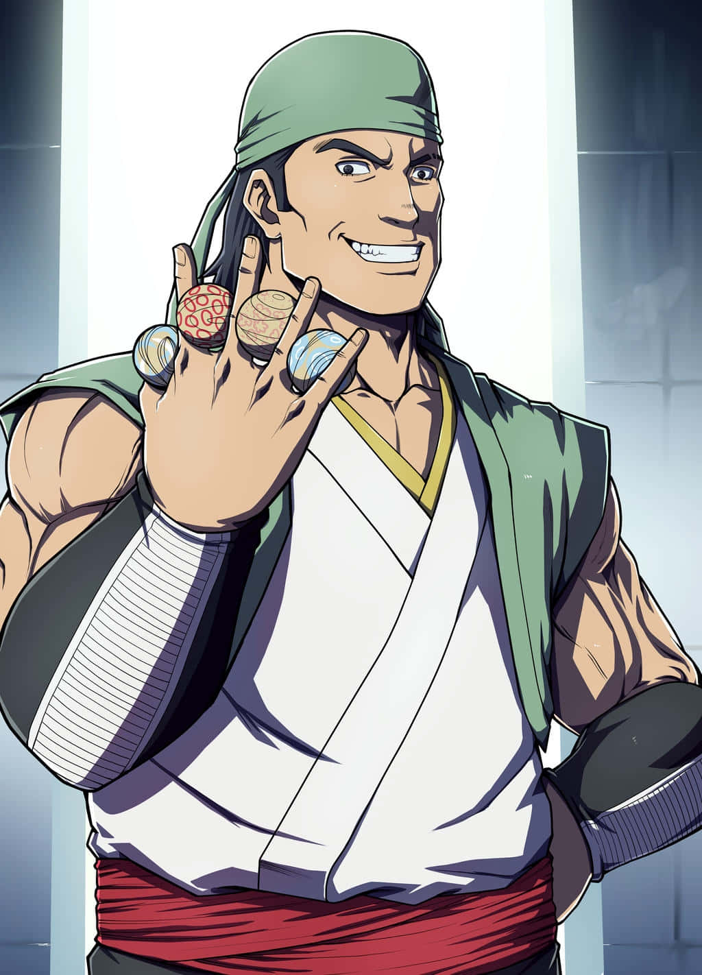 Ganju Shiba 桌布 壁紙 — 一個肌肉發達的動漫男人，頭戴綠色頭帶，手上戴著多個戒指，自信地對著觀眾微笑。