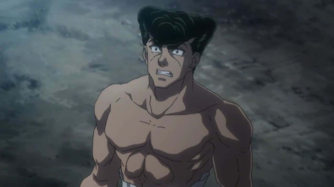 Knuckle Bine 桌布 壁紙 — 一個肌肉發達的動漫男人，黑色頭髮，在暴風雨的灰色天空下強烈凝視。