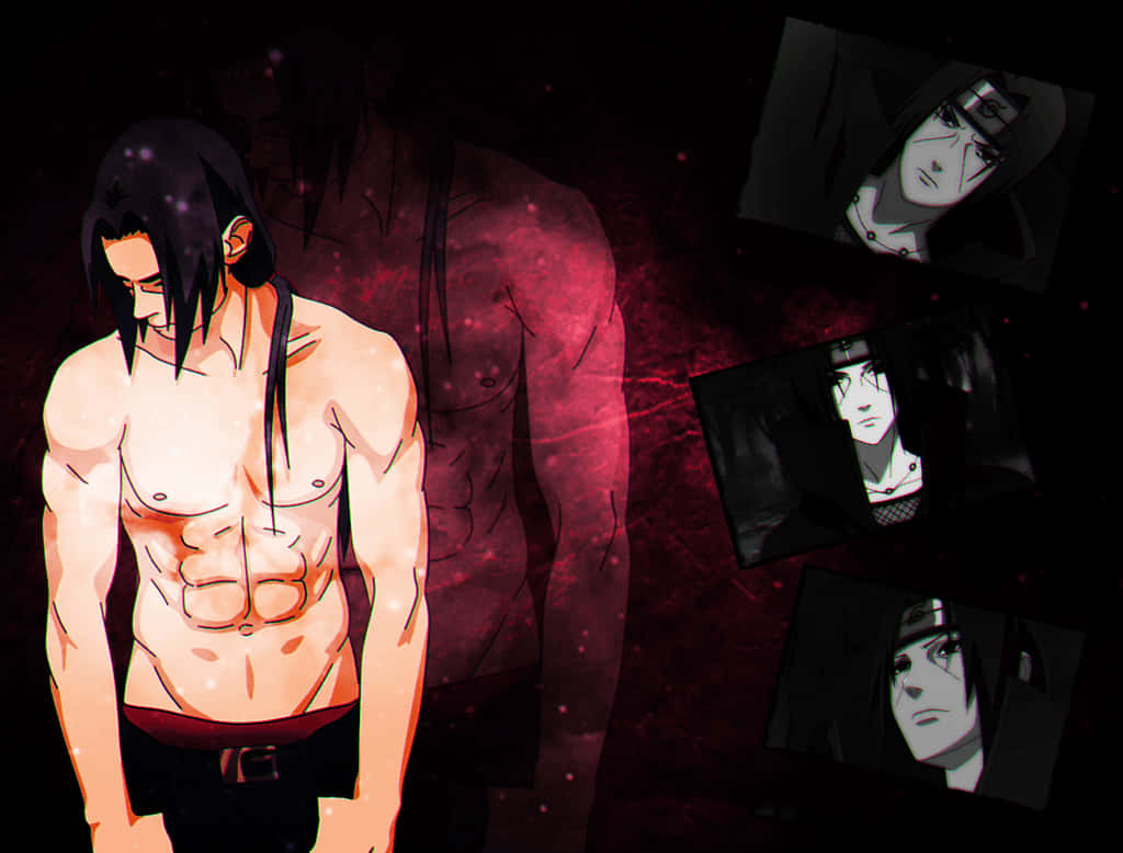 Sasuke And Itachi 桌布 壁紙 — 一個肌肉發達的動漫男人，黑髮，站在溫暖的光線中，背景是深紅色發光，帶有浮動的肖像框。