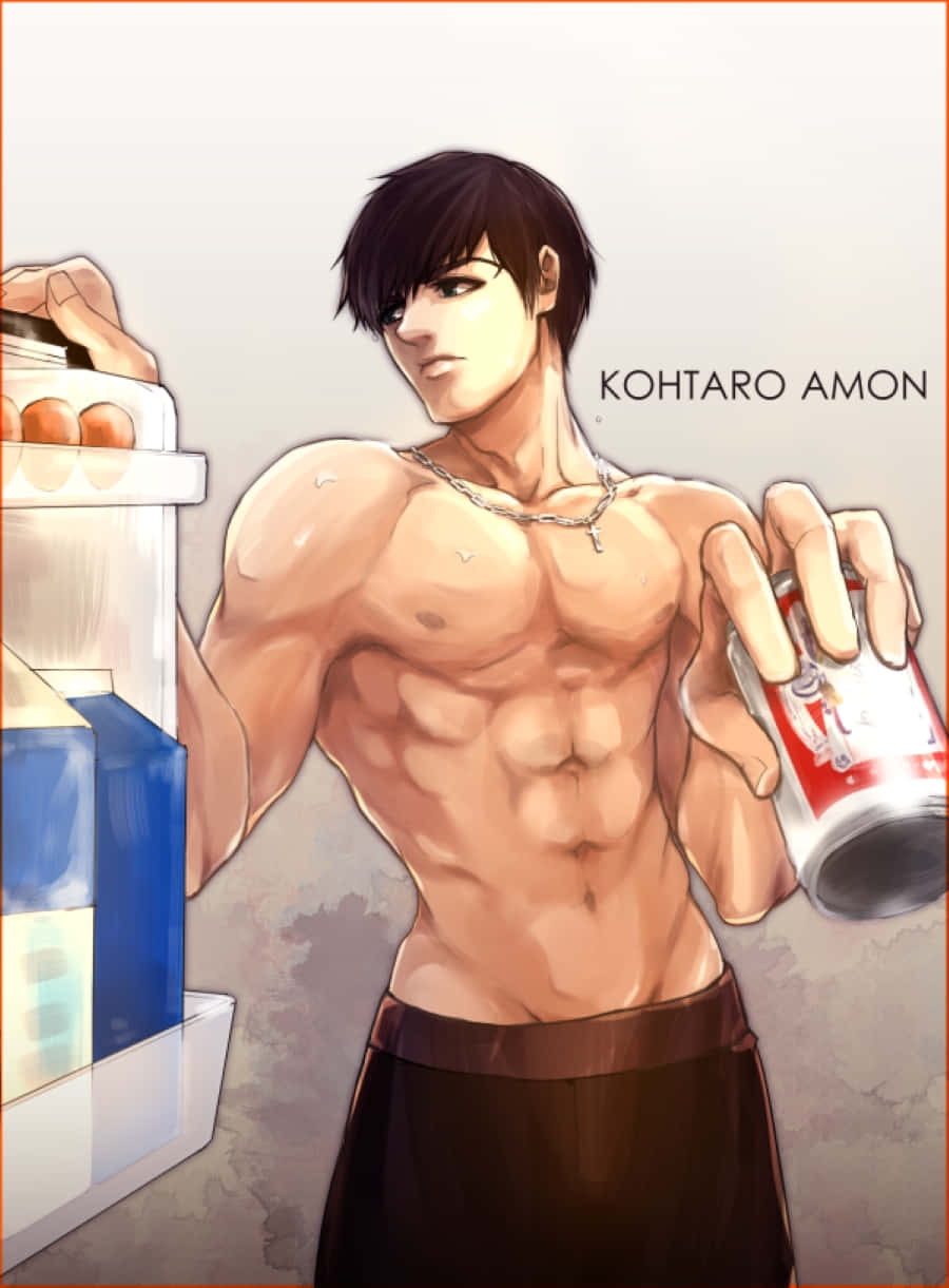 Koutarou Amon 桌布 壁紙 — 一個肌肉發達的動漫男人，黑髮，赤裸上身，拿著一罐汽水，同時打開冰箱。