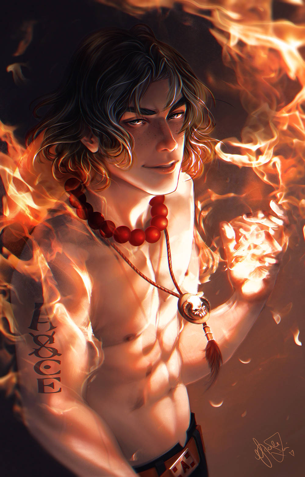 Ace 桌布 壁紙 — 一個肌肉發達的動漫男人，黑髮紅珠，被火焰包圍，左臂紋有「AXECE」，右手發出火光。