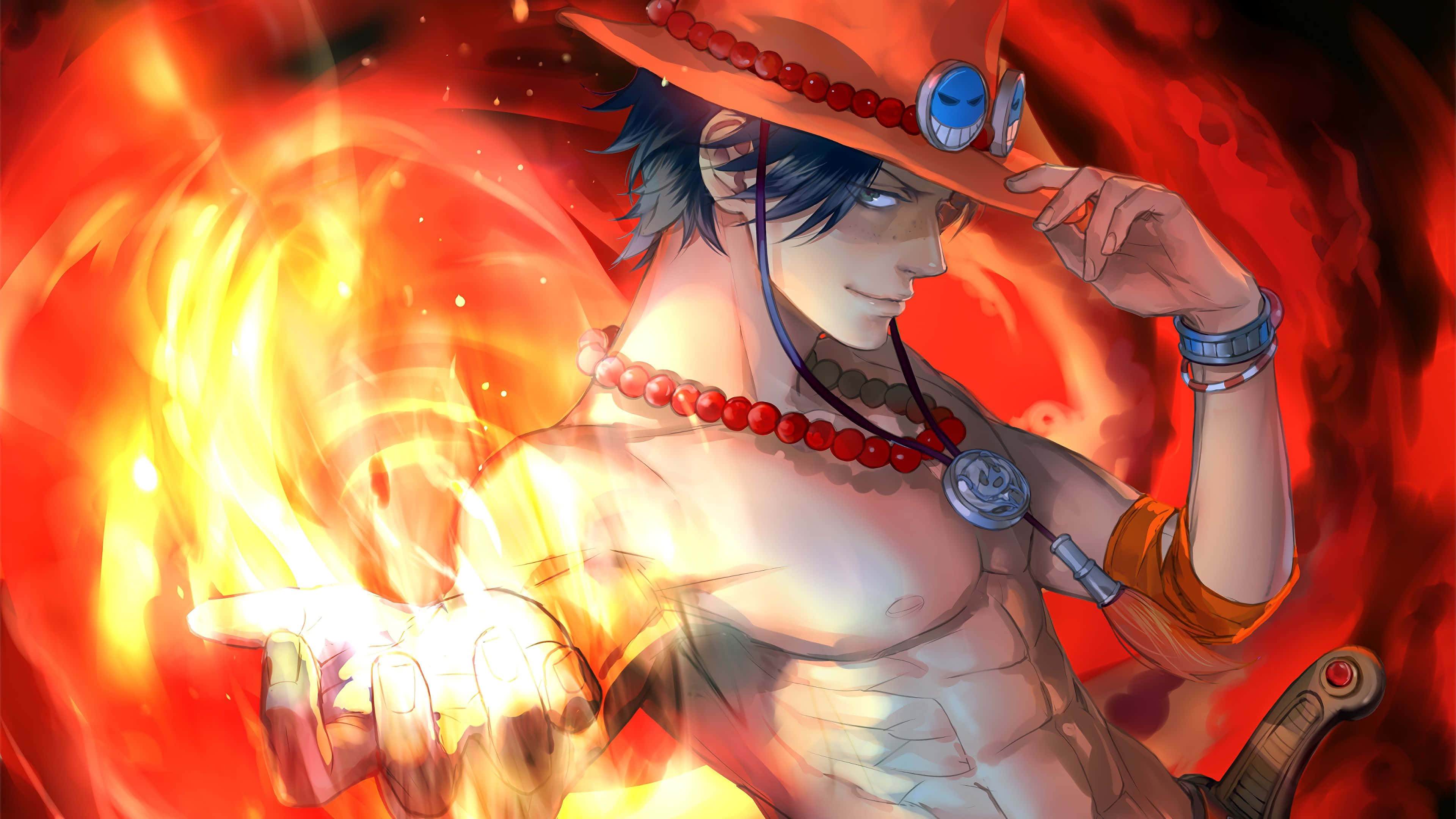 One Piece Cool 桌布 壁紙 — 一個肌肉發達的動漫男人戴著草帽，從掌心釋放火焰能量，背景是熾熱的紅色。
