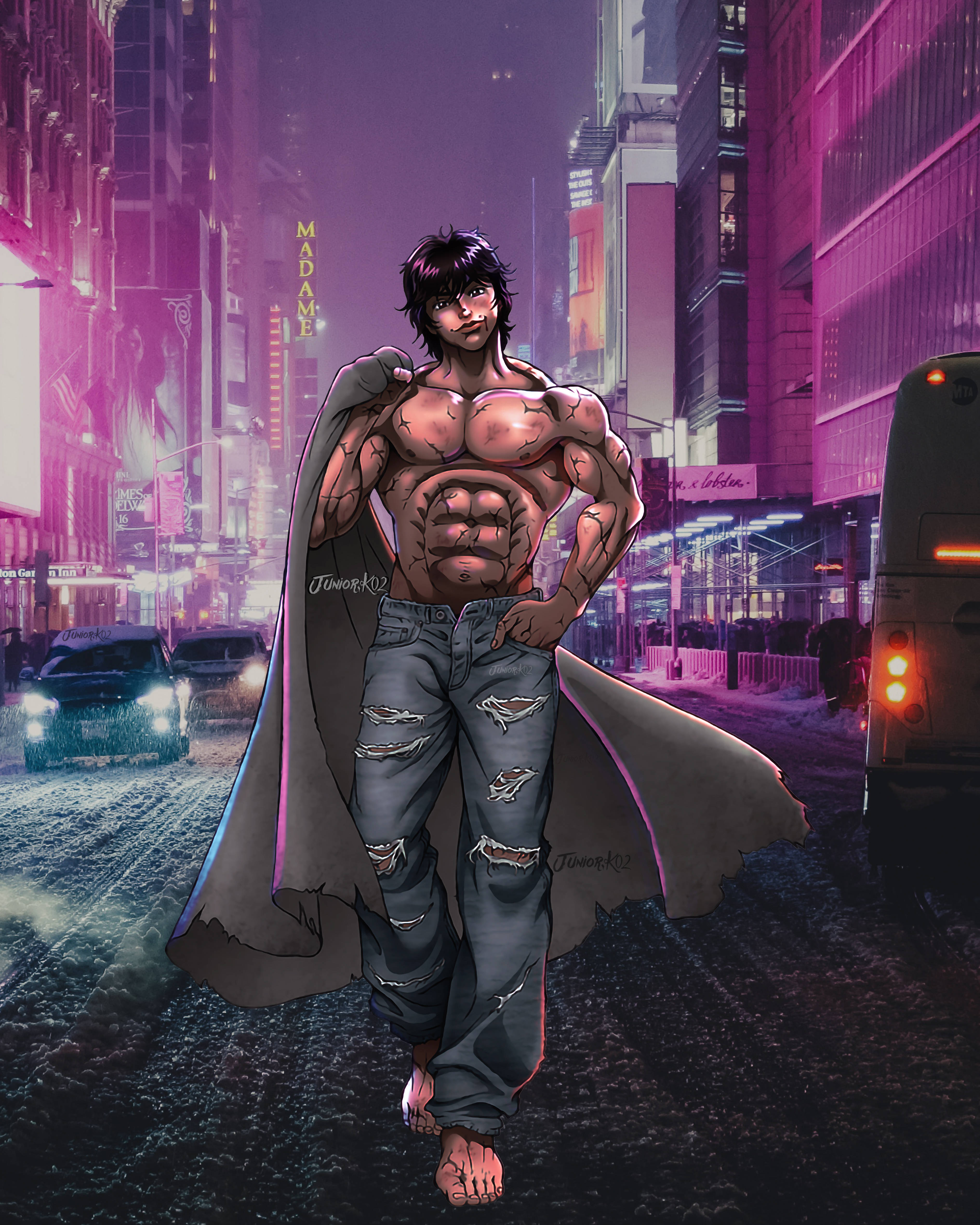 Baki 桌布 壁紙 — 一個肌肉發達的動漫男人披著斗篷，赤腳站在夜晚霓虹燈閃爍的雨城市街道上。