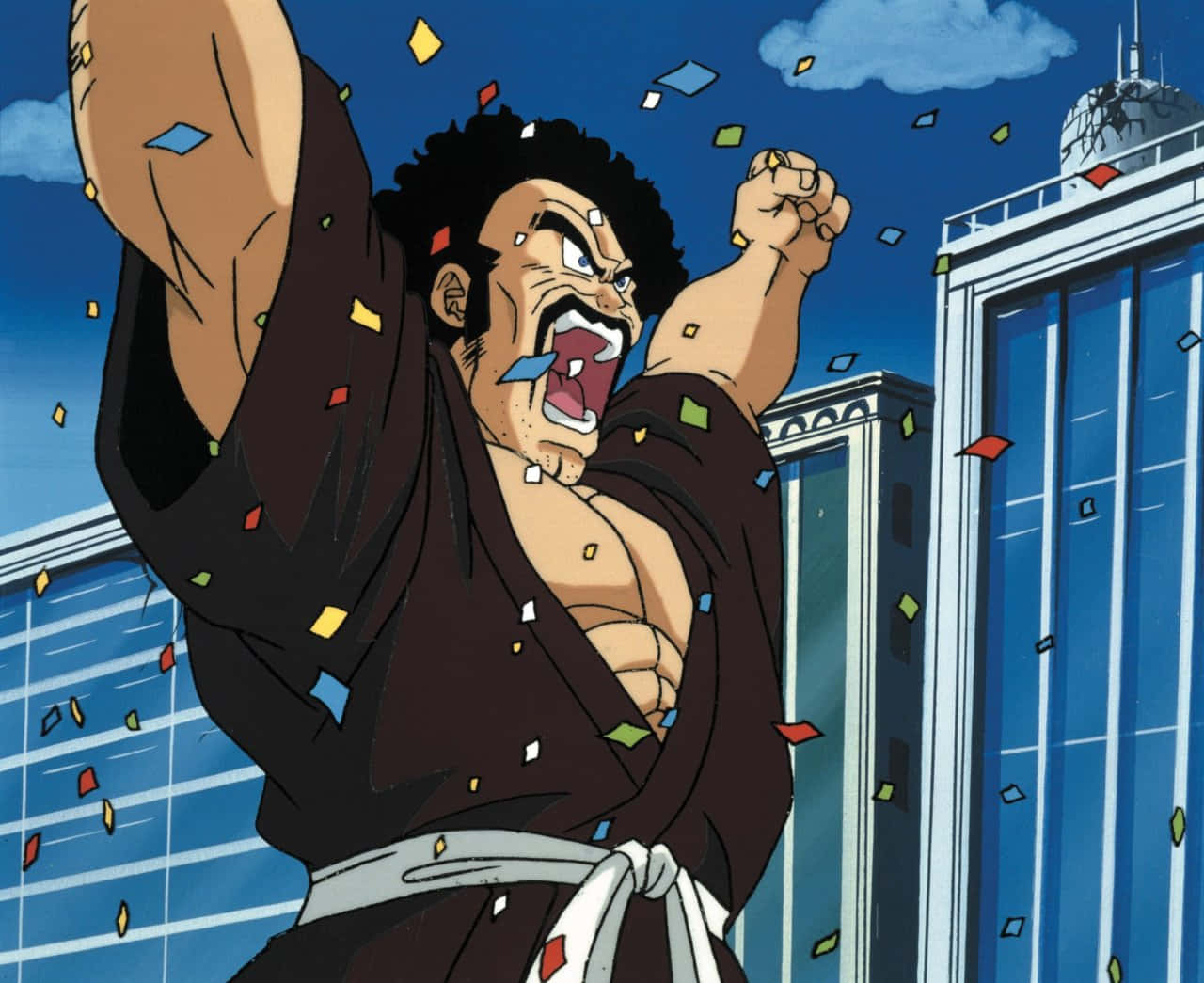 Hercule Satan 桌布 壁紙 — 一個肌肉發達的動漫男人穿著深色長袍，在五彩紙屑如雨般落在城市天際線的背景下，發出勝利的咆哮。