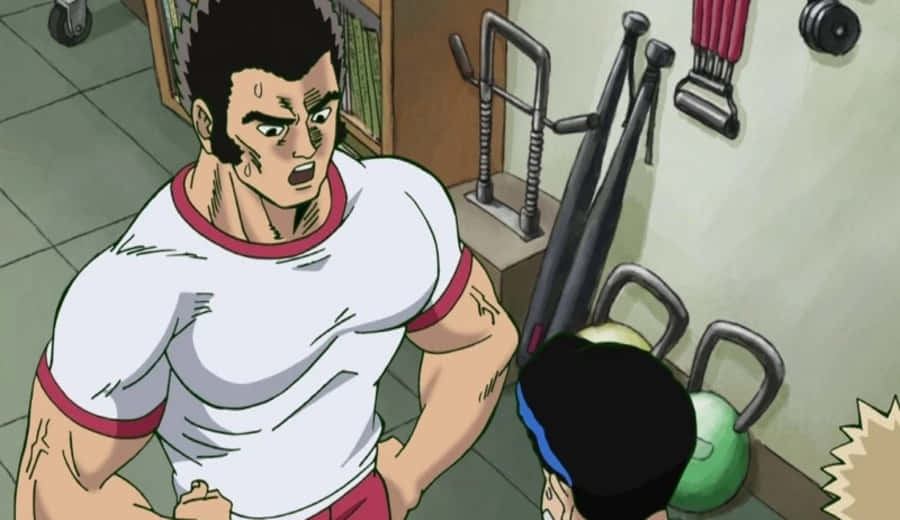 Musashi Goda 桌布 壁紙 — 一個肌肉發達的動漫男人穿著白色圓領T恤，在一個有壺鈴和訓練設備的健身房裡大喊。