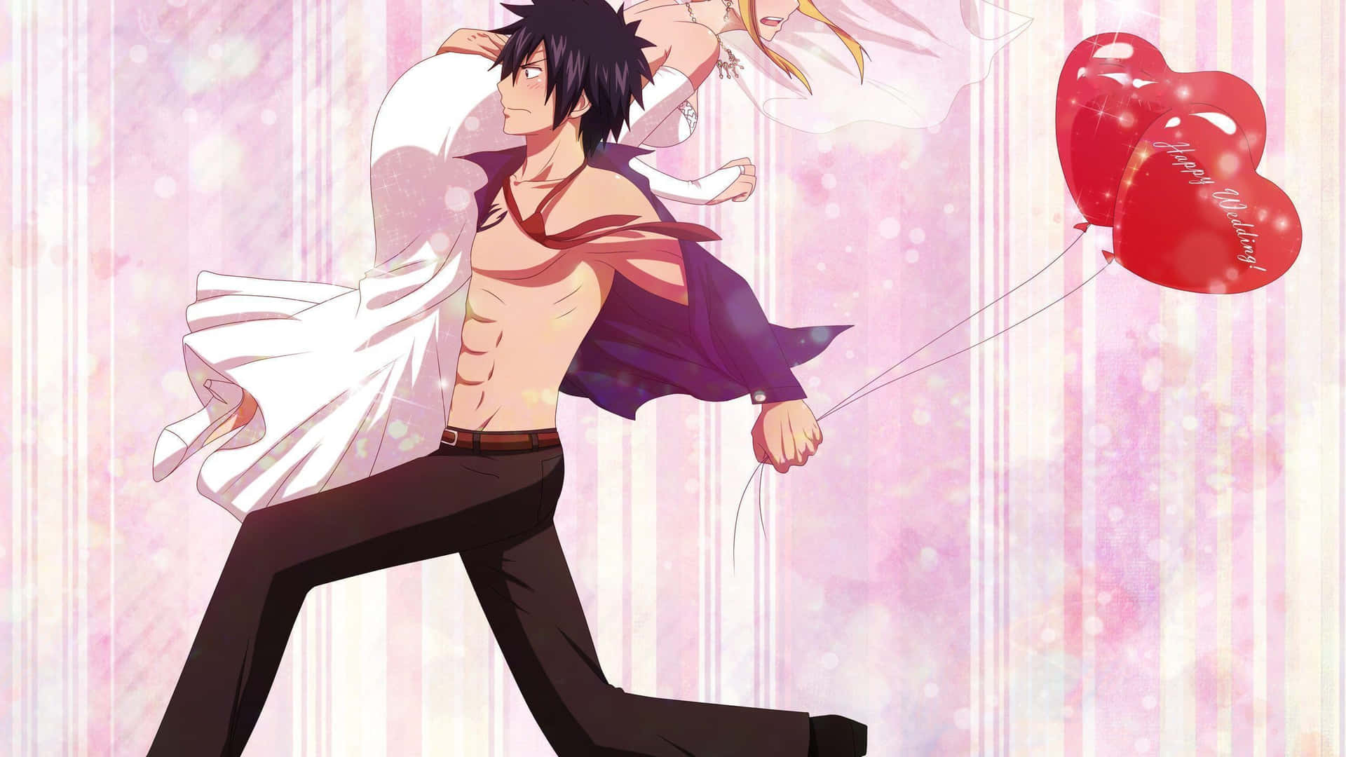 Gray Fullbuster 桌布 壁紙 — 一個肌肉發達的動漫男人穿著破爛的白襯衫，在粉紅色條紋背景上奔跑，手持紅色心形氣球，一個金髮女人緊緊抓住他的背。