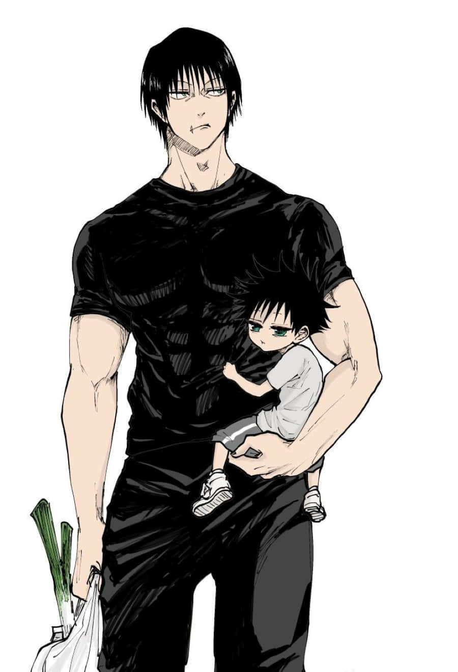 Toji Fushiguro 桌布 壁紙 — 一個肌肉發達的動漫男人穿著黑色衣服，抱著一個小孩，同時提著雜貨，背景是純白色。