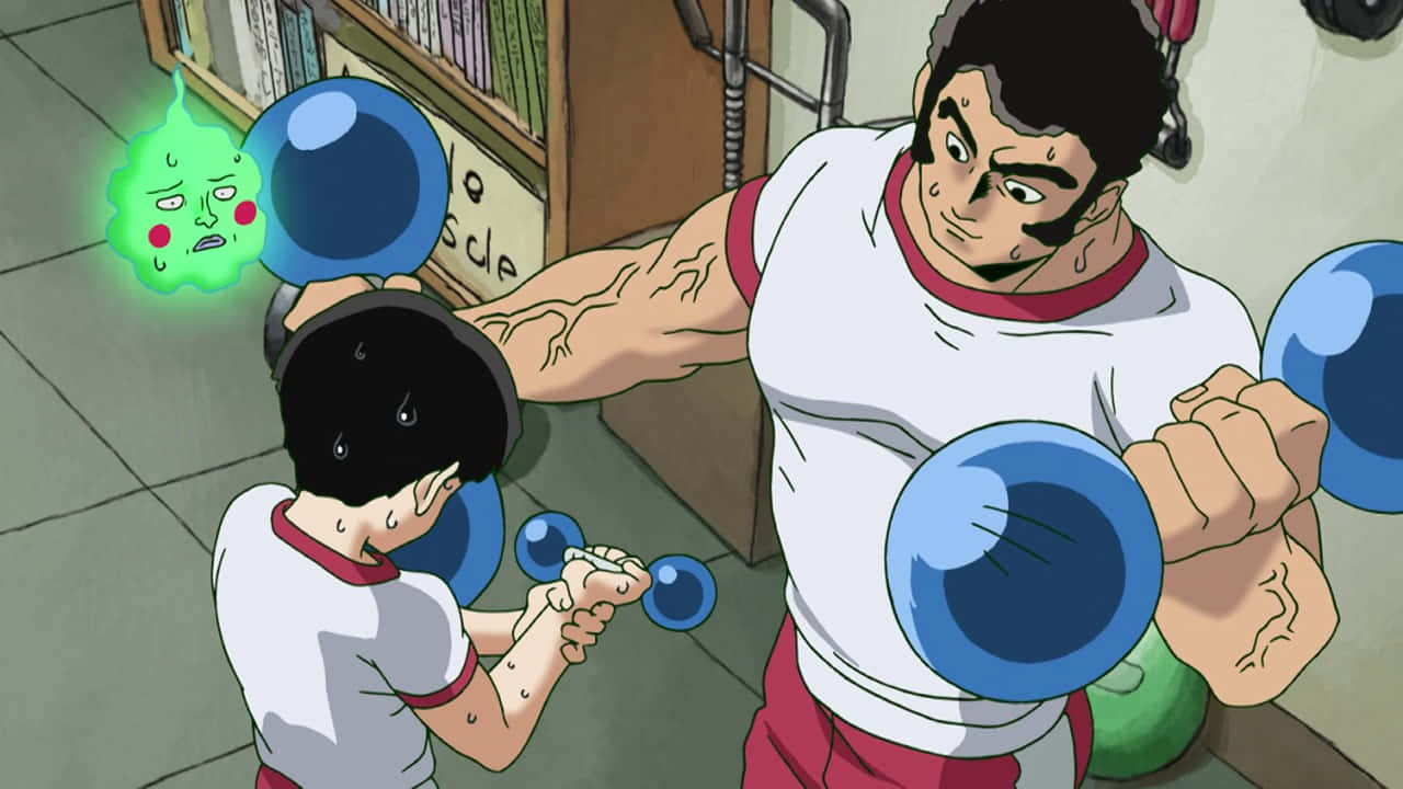 Musashi Goda 桌布 壁紙 — 一個肌肉發達的動漫男人舉起藍色啞鈴，而一個小孩努力舉起一個小啞鈴，健身房附近漂浮著一個綠色精靈。