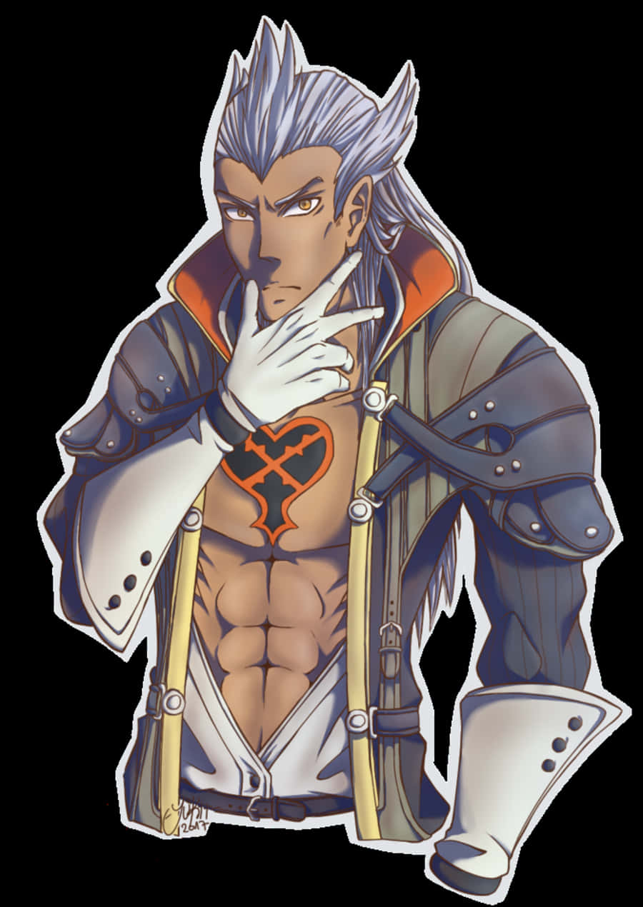 Ansem Seeker Of Darkness 桌布 壁紙 — 一個肌肉發達的動漫男子，擁有尖刺銀色頭髮和胸前的心形標誌，在黑色背景前自信地擺姿勢。