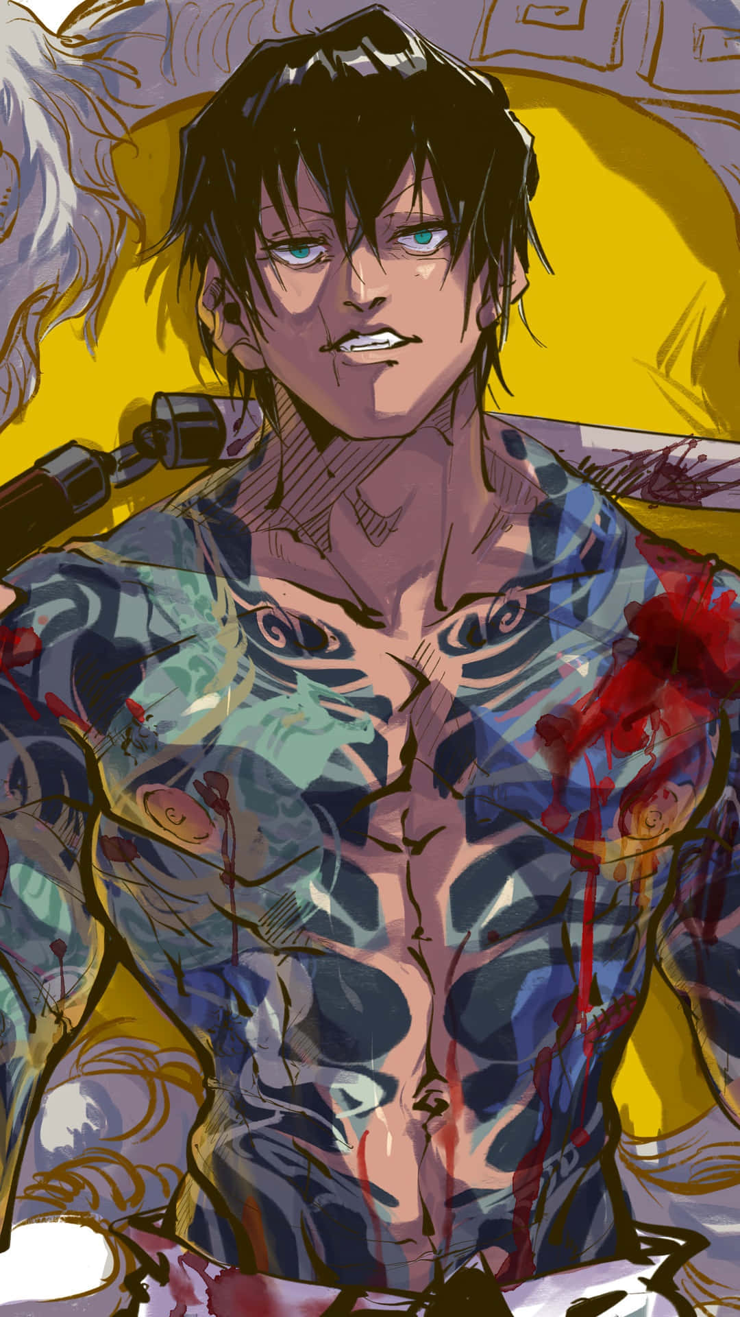 Toji Fushiguro 桌布 壁紙 — 一個肌肉發達的動漫男子，身上有刺青和血跡，在黃色背景前強烈地凝視。