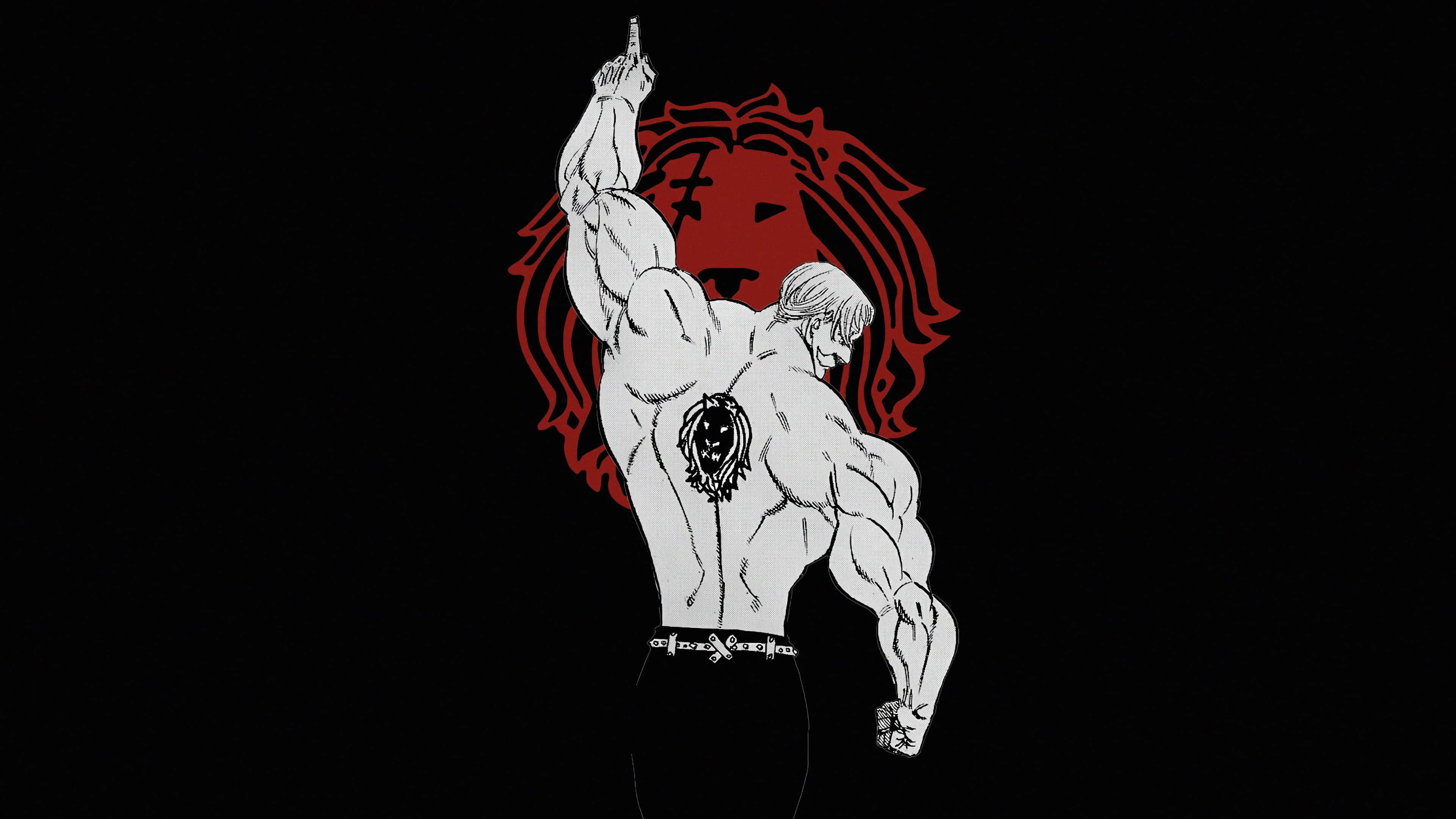 Escanor 桌布 壁紙 — 一個肌肉發達的動漫男子，身上有獅子刺青，在黑色背景上舉槍對著一個紅色獅子頭。