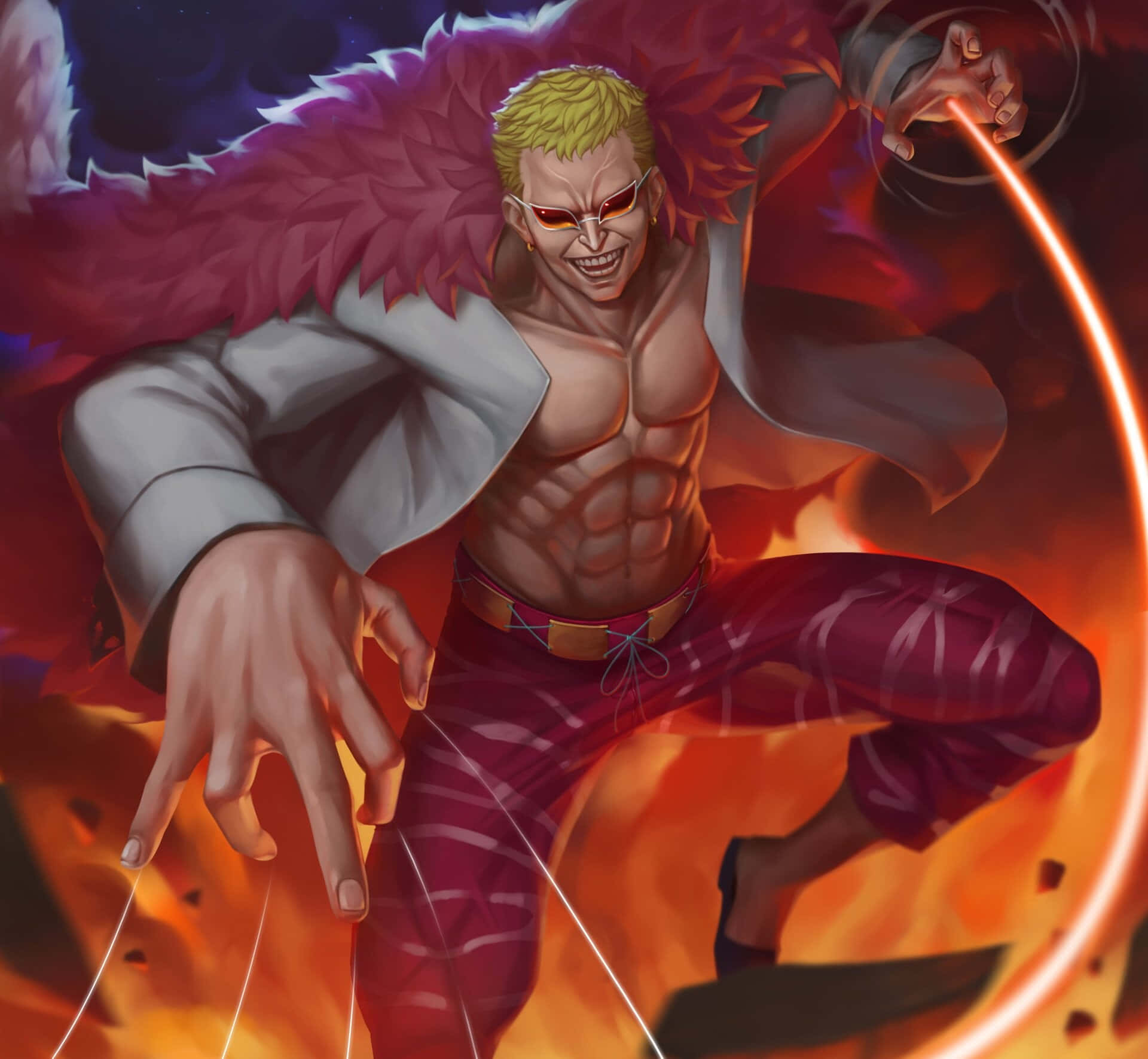Donquixote Doflamingo 桌布 壁紙 — 一個肌肉發達的動漫男子，金髮，戴紅色太陽眼鏡，在動態戰鬥姿勢中釋放火焰能量。