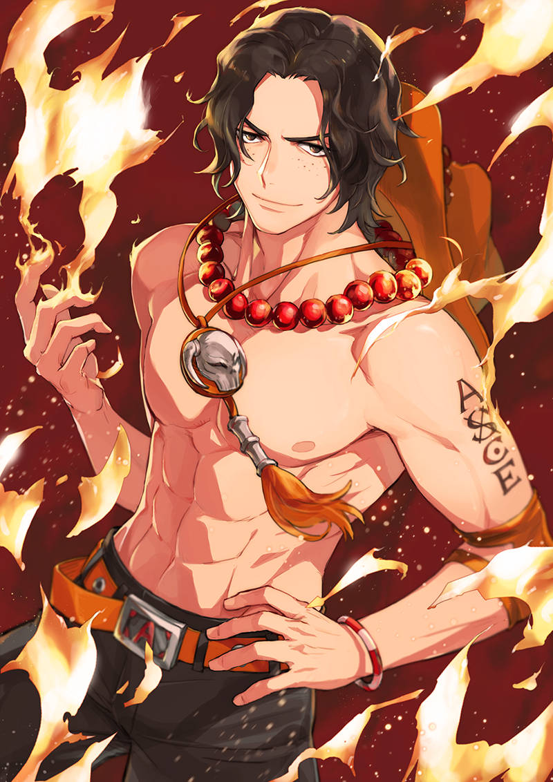 Ace 桌布 壁紙 — 一個肌肉發達的動漫男子，黑髮戴紅色珠鍊，站在火焰中，背景是火紅色。