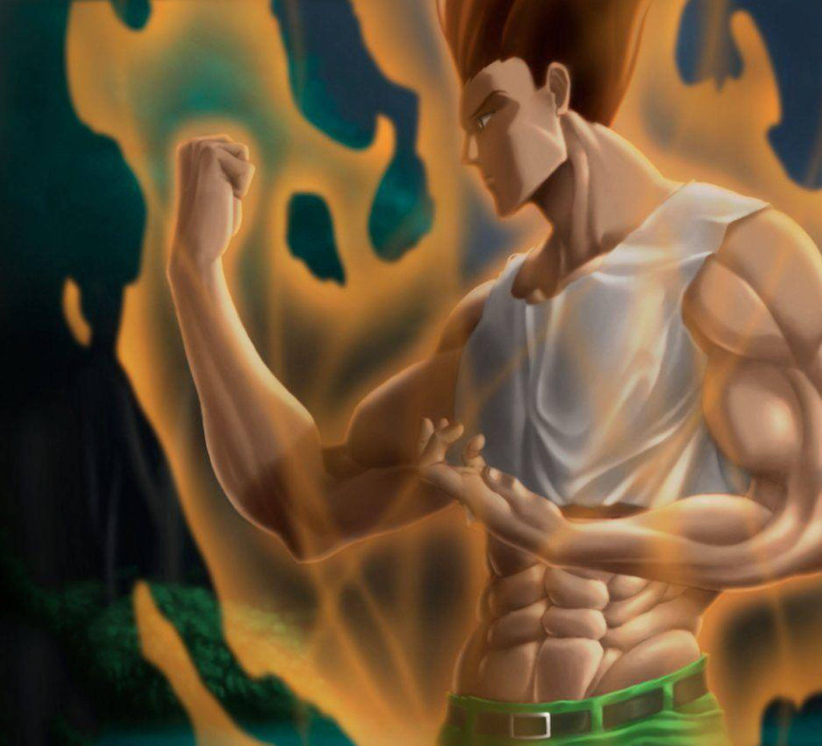 adult 桌布 壁紙 — 一個肌肉發達的動漫男子在火熱的橙色和青綠色背景前展示他的二頭肌。