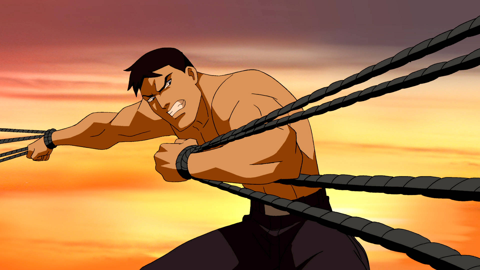 Young Justice 桌布 壁紙 — 一個肌肉發達的動漫男子在熾熱的日落天空下用力拉著粗繩。