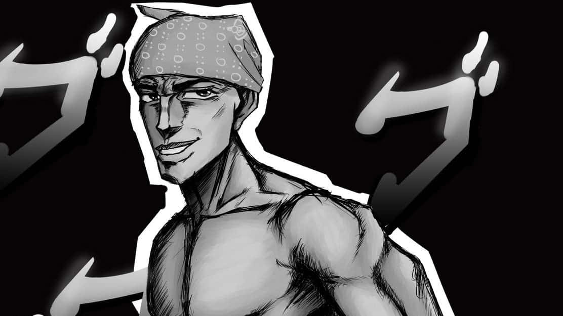 動漫 桌布 壁紙 — 一個肌肉發達的動漫男子戴著頭巾，在黑色背景上自信地微笑，配有風格化的白色音效。