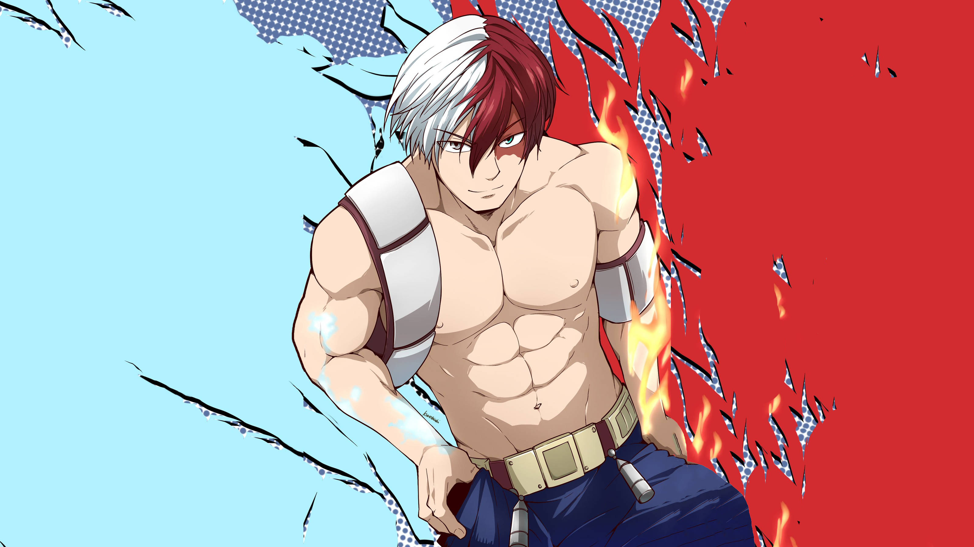 Todoroki Aesthetic 桌布 壁紙 — 一個肌肉發達的動漫男性，擁有紅色和白色頭髮，衝破一道火紅的牆壁，背景是藍天。