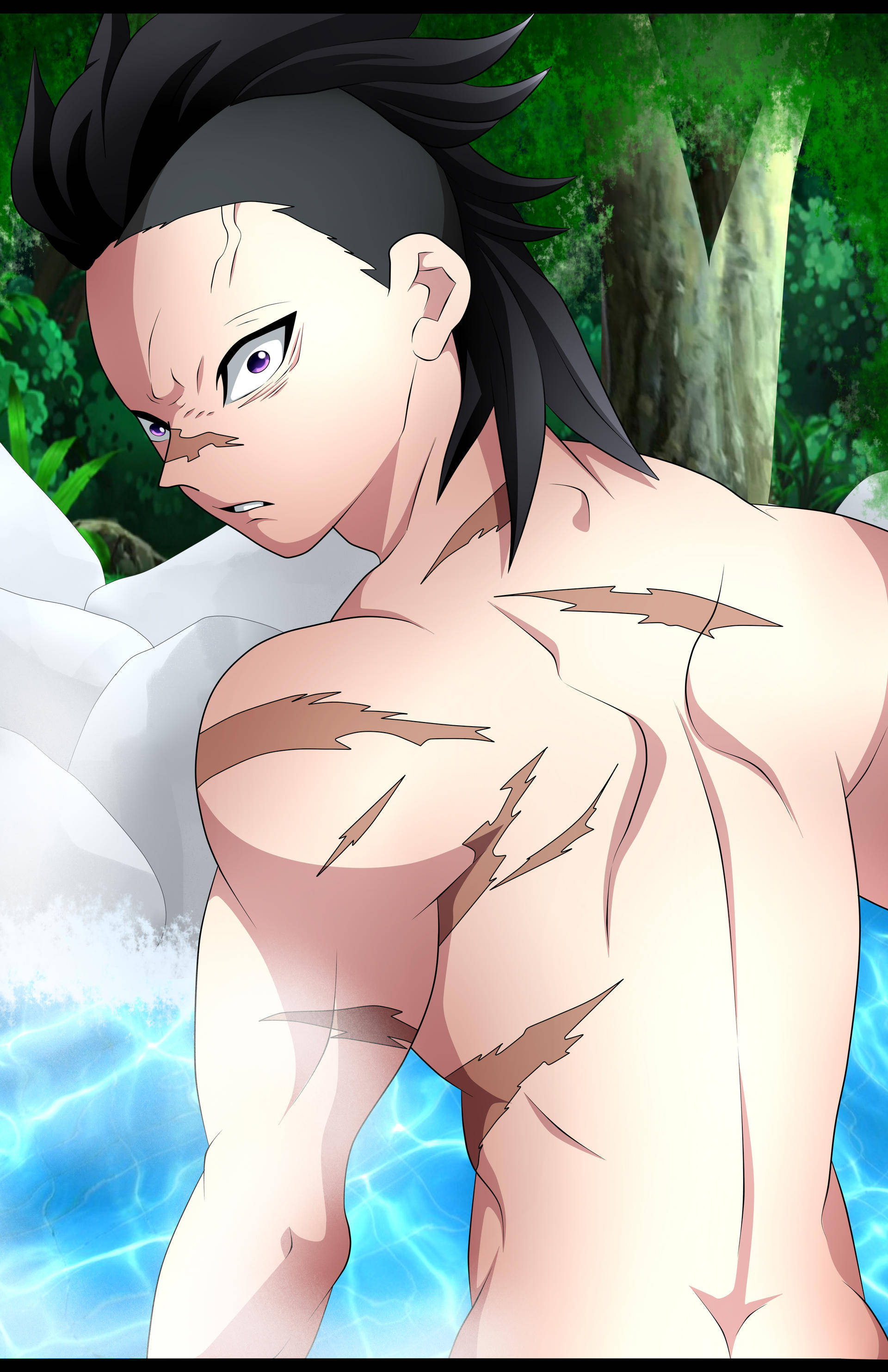 genya 桌布 壁紙 — 一個肌肉發達的動漫男性，黑髮帶有閃電疤痕，站在被綠色森林包圍的藍色水池中。